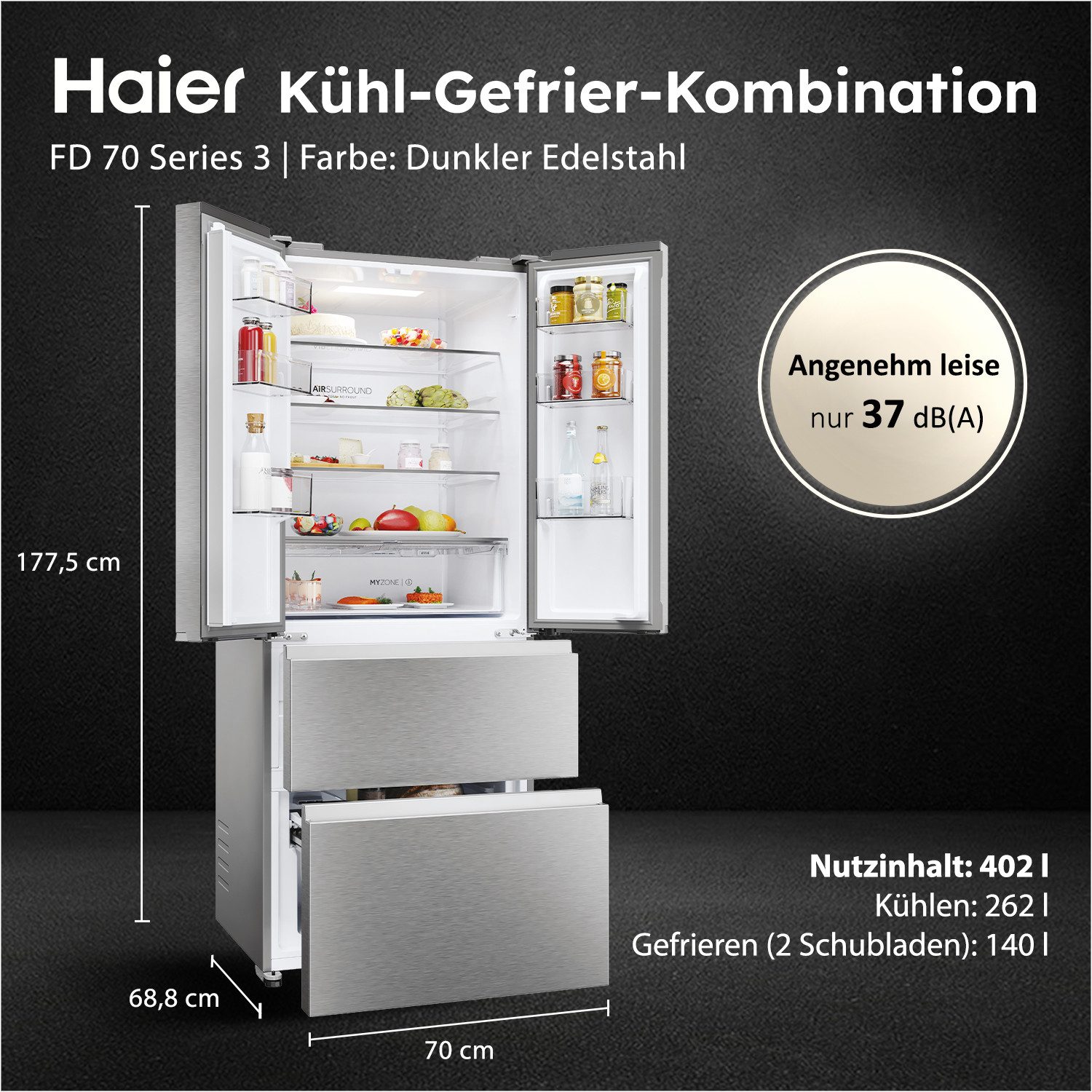 Haier Kühl-/Gefrierkombination French Door 70 HFR3718DNMM, 177,5 cm hoch, 70 cm breit, French Door-Türen & Easy Access-Gefrierschubladen