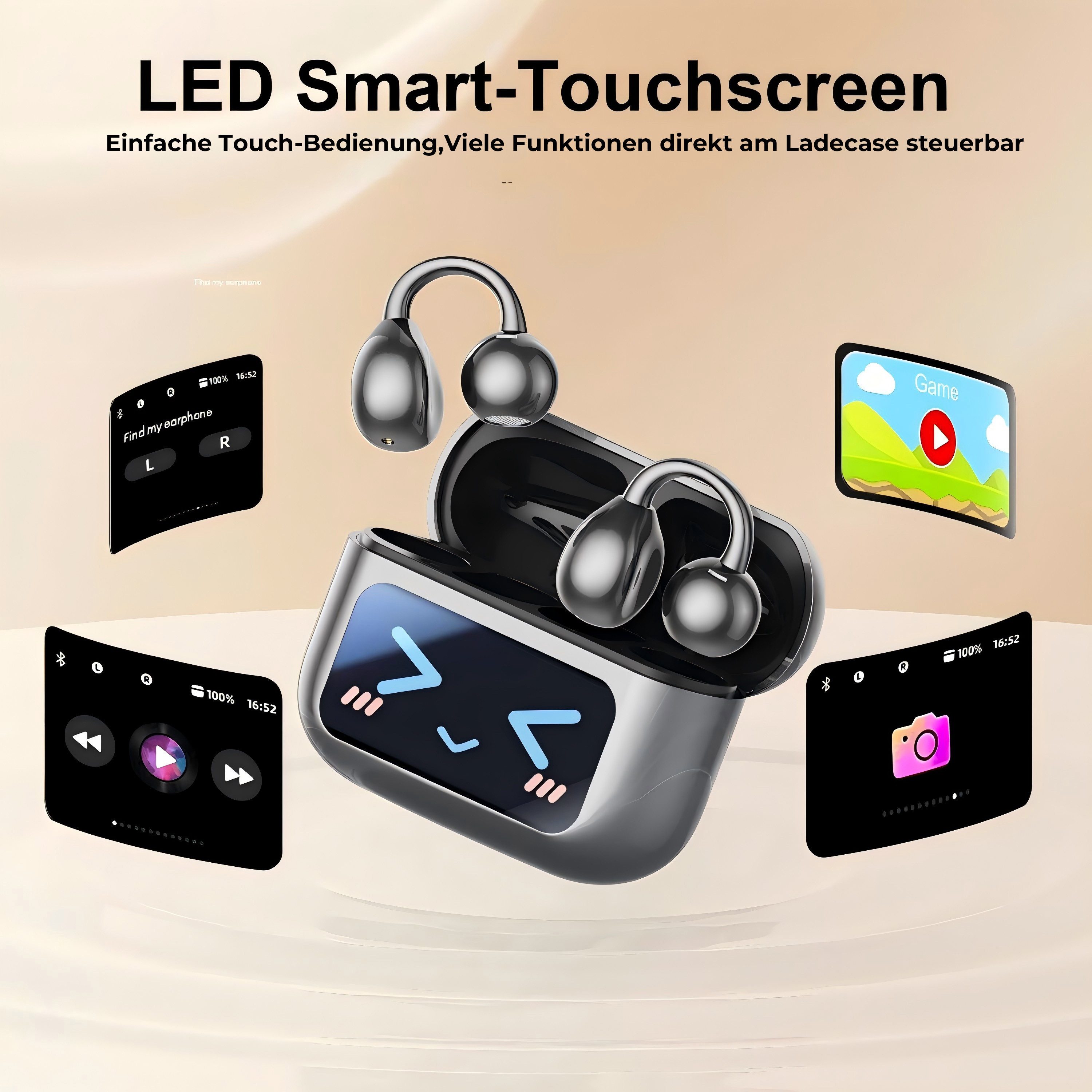 poweradd pro Bluetooth 5.4 Clip-On Kopfhörer, leichte Open-Ear-Kopfhörer (mit Ohrclip Design, LCD-Touchcase, ENC & 60 Std. Laufzeit)