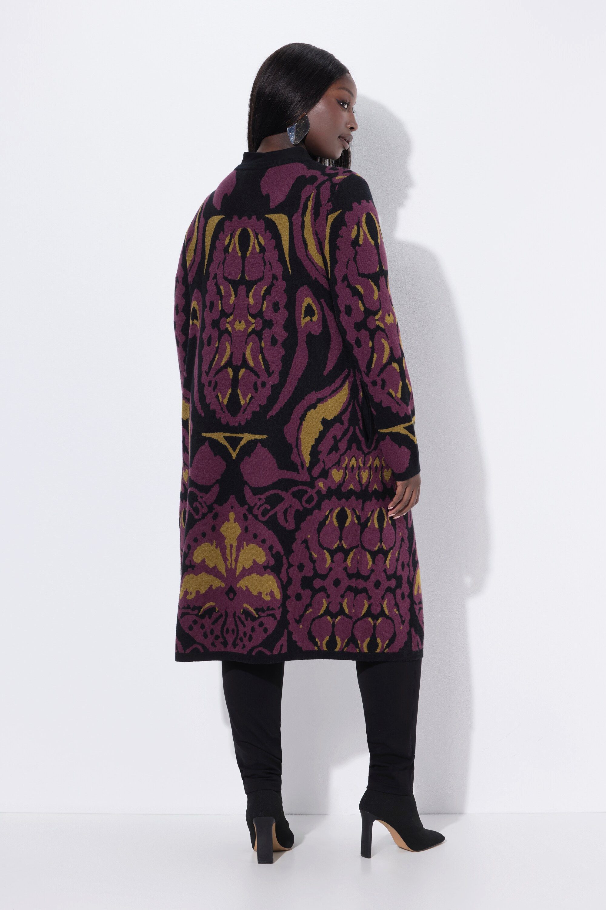Ulla Popken Strickjacke Long-Strickjacke Ziernadel V-Ausschnitt Langarm