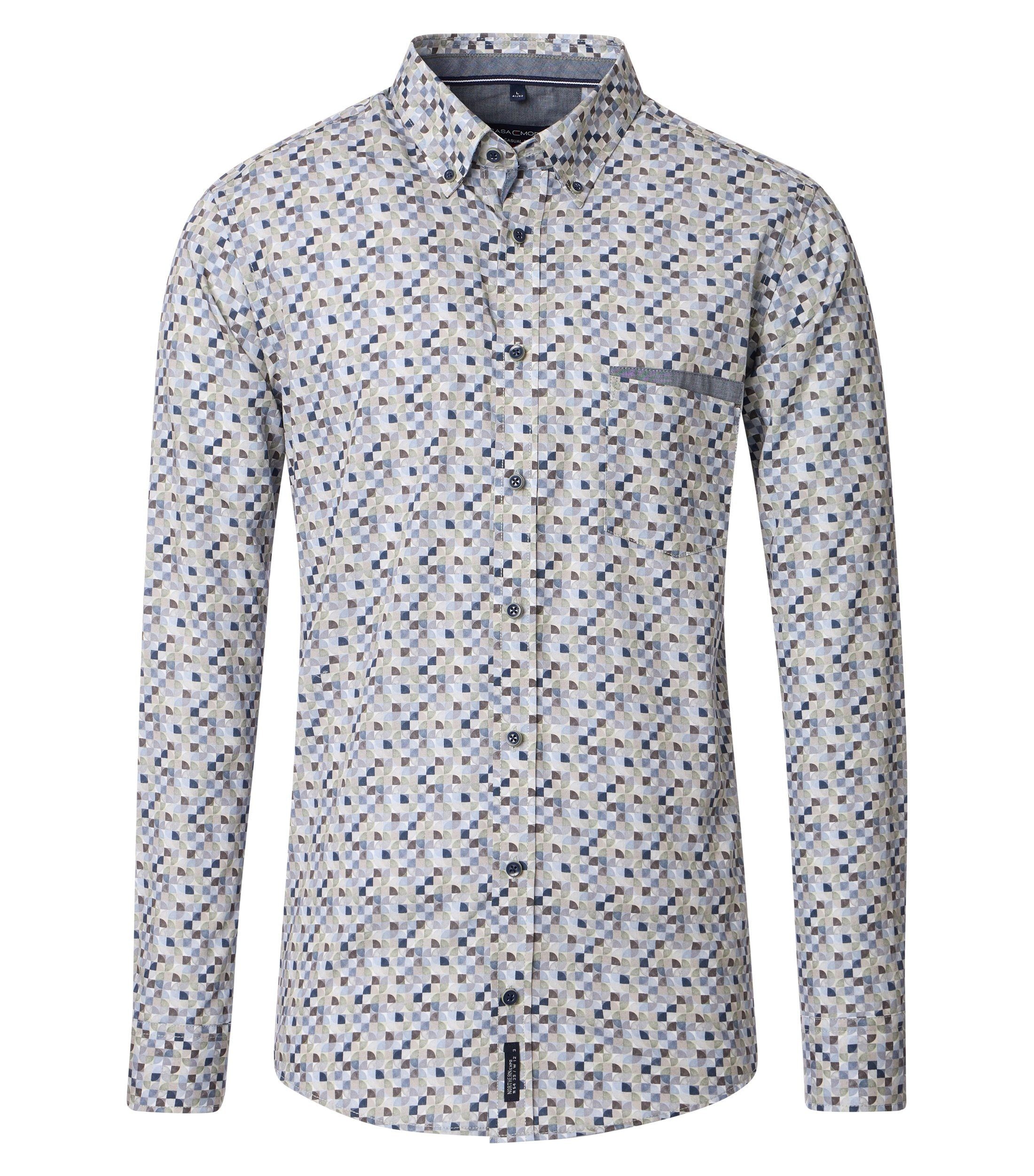 Langarmhemd CASAMODA Herren Freizeithemd Langarm Button-Down Grün gemustert