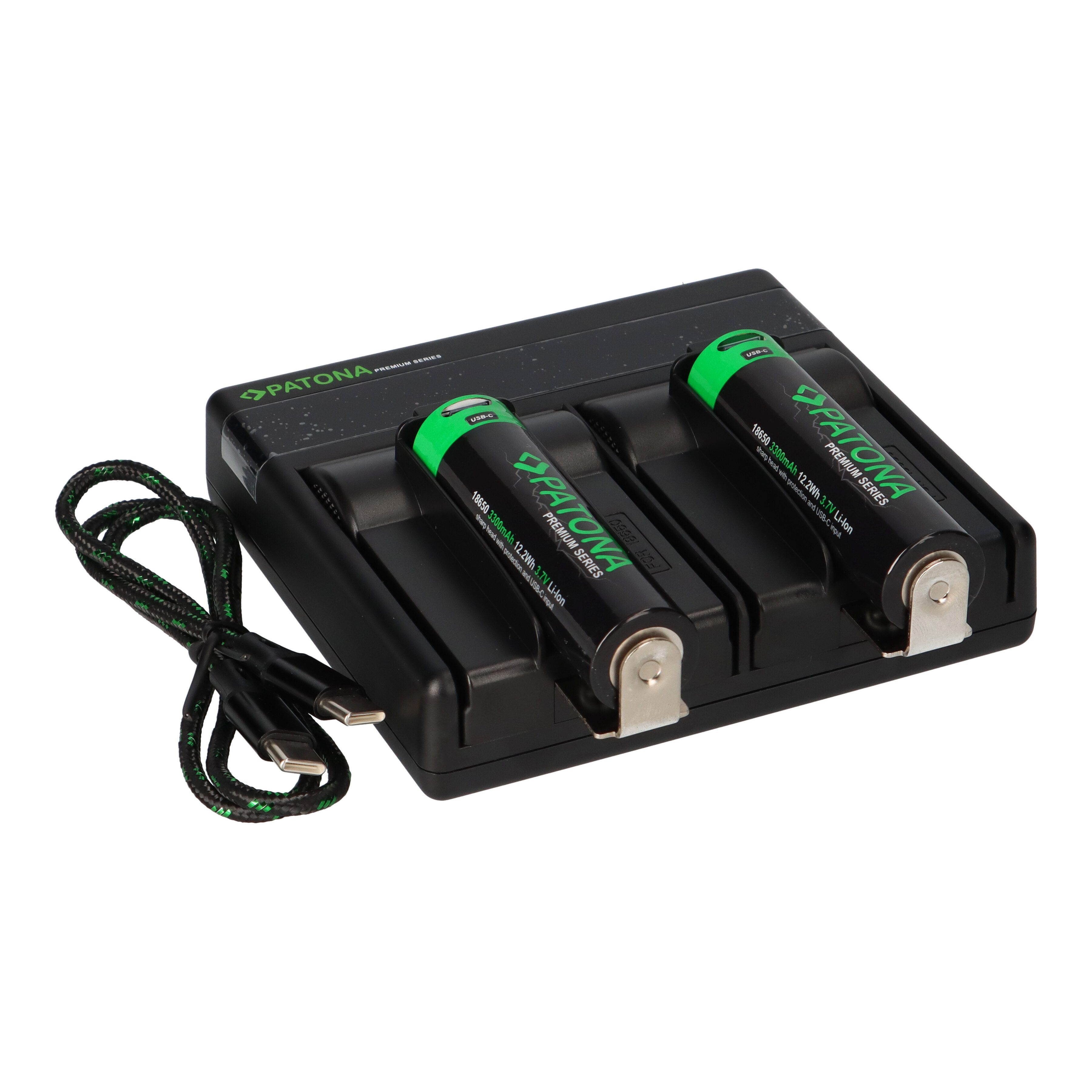 Patona Dual PD Performance Ladegerät + 2 Premium 18650 Zellen + USB-C Input Akku