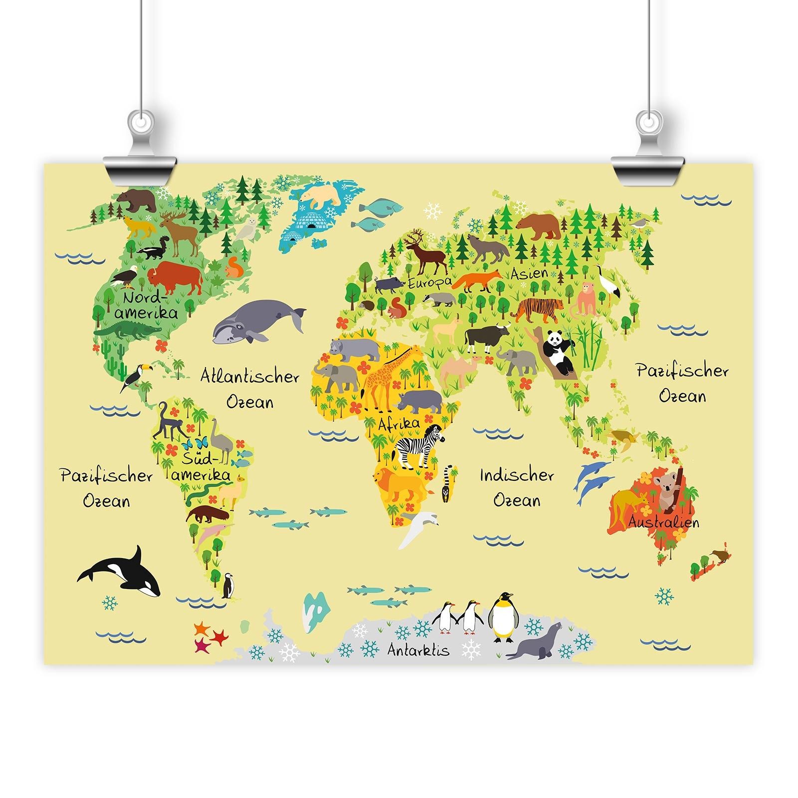 nikima Poster Kinder Lernposter Weltkarte Gelb - Größe A3 - 420 x 297 mm, Weltkarte, in 3 Größen