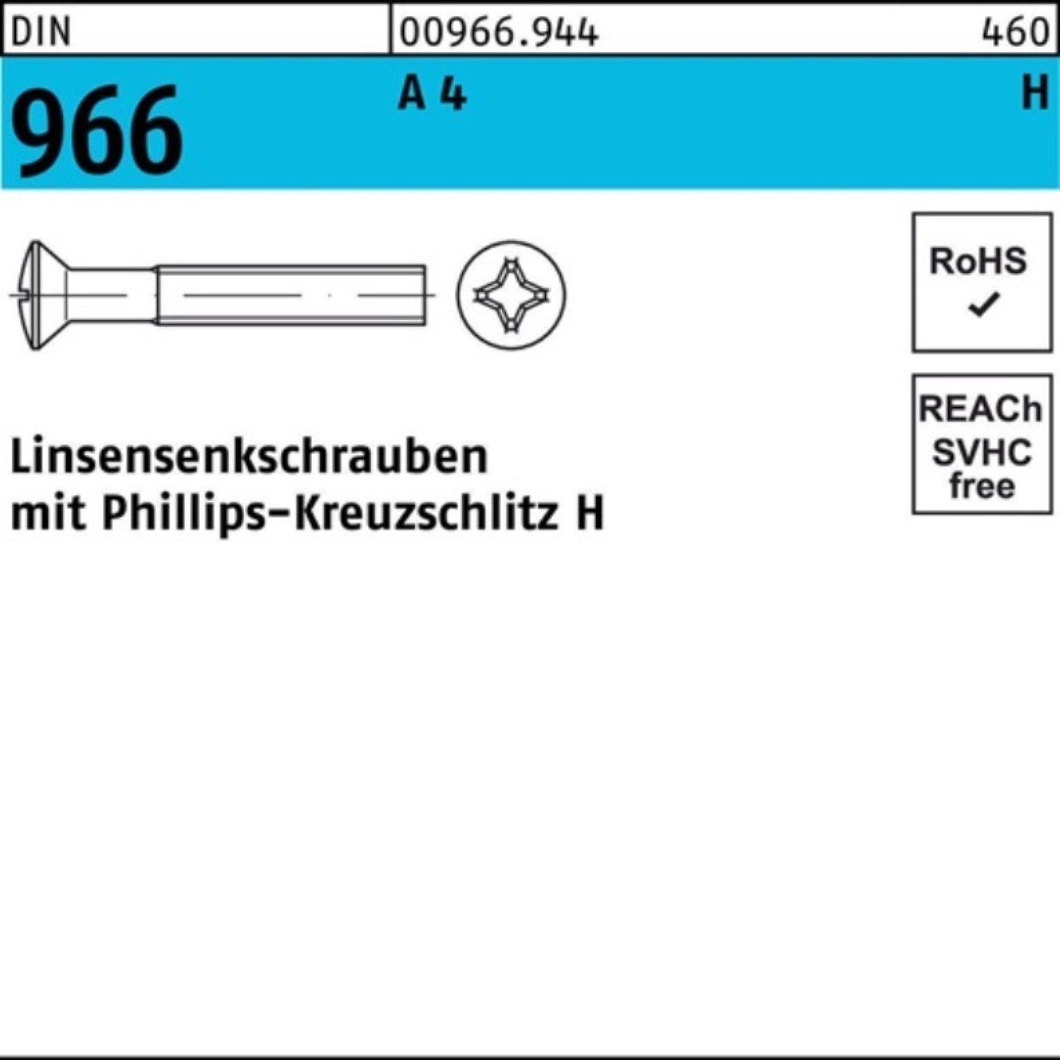 Reyher Linsenschraube 1000er Pack Linsensenkschraube DIN 966 Kreuzschlitz PH M3x 20-H A 4 10