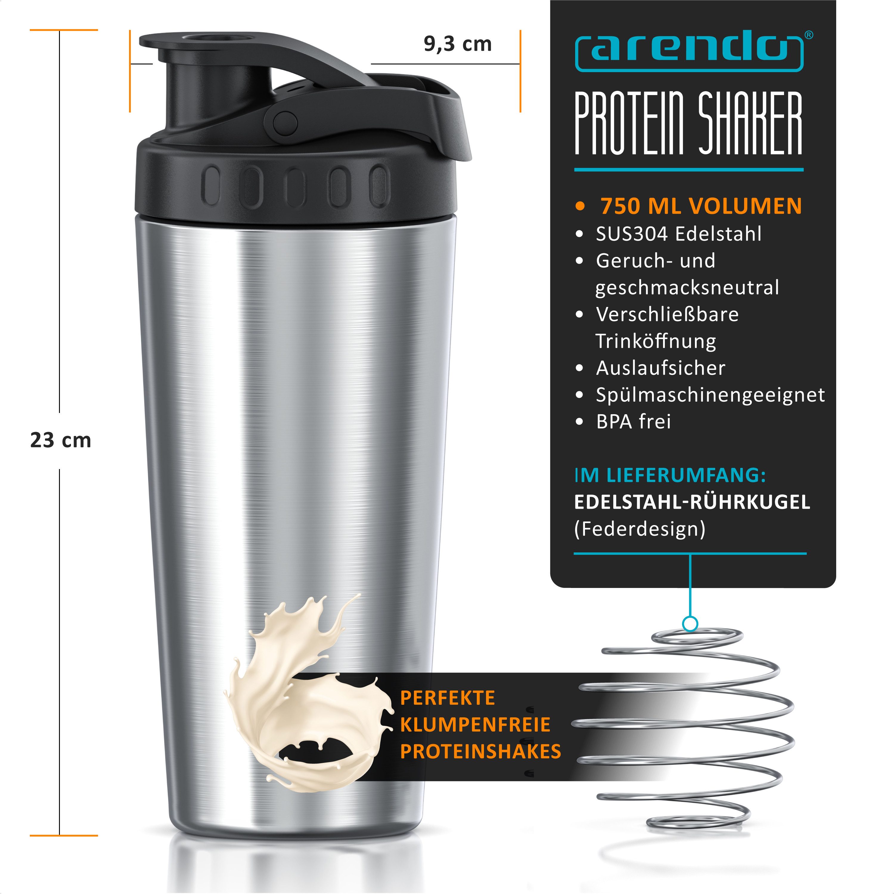 Arendo Protein Shaker Edelstahl Eiweißshaker 750 ml, verschließbar, spülmaschinengeeignet, Edelstahl, Mixbecher, Tragegriff, BPA-frei, für unterwegs, Yoga, Finess, Sport