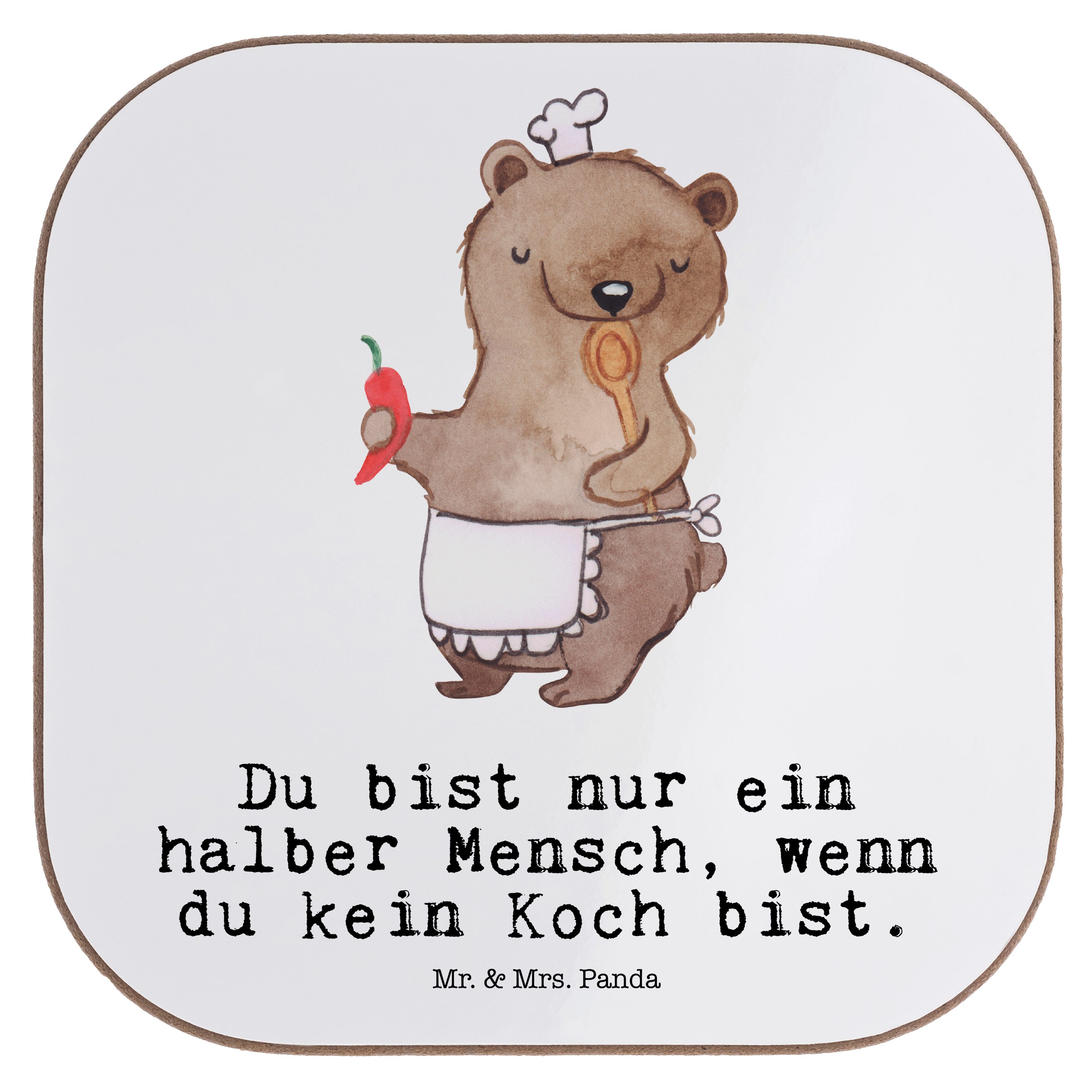 Mr. & Mrs. Panda Getränkeuntersetzer Koch mit Herz - Weiß - Geschenk, Bierdeckel, lecker, Chefkoch, Kolleg, 1-tlg.