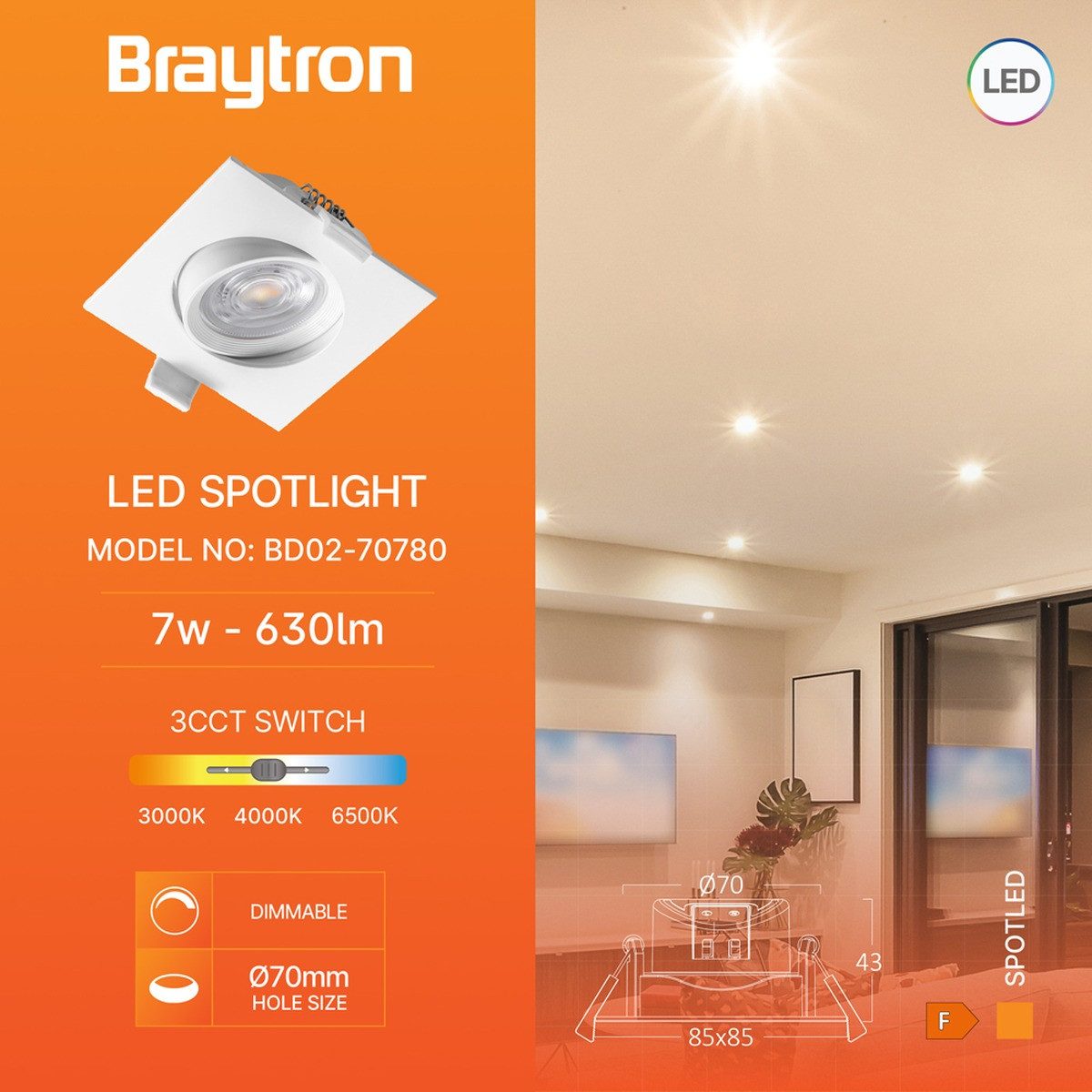 Braytron LED Einbaustrahler Eckig 7W Dimmbar Einbaustrahler schwenkbar 3in1 CCT Spot, LED fest integriert, Neutralweiß, Kaltweiß, Warmweiß, Energieeffizient, Flimmerfrei, Farbwechsel, Dimmbar, Schwenkbar