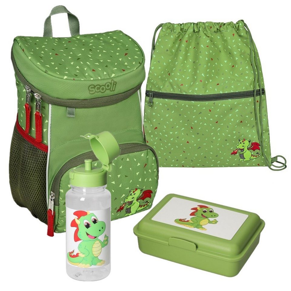 Scooli Kinderrucksack Mini-Me Diego Dragon (Set, inkl. Turnbeutel, Brotdose  und Trinkflasche), Rucksack Set in Grün mit Drache für Jungen und Mädchen