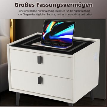 oyajia Nachttisch Intelligenter Nachttisch mit LED Licht, 2 Schubladen Hochglanz Kommode, Moderne Schlafzimmer Nachtschrank mit 15W Kabelloses Laden, 50x45x40cm