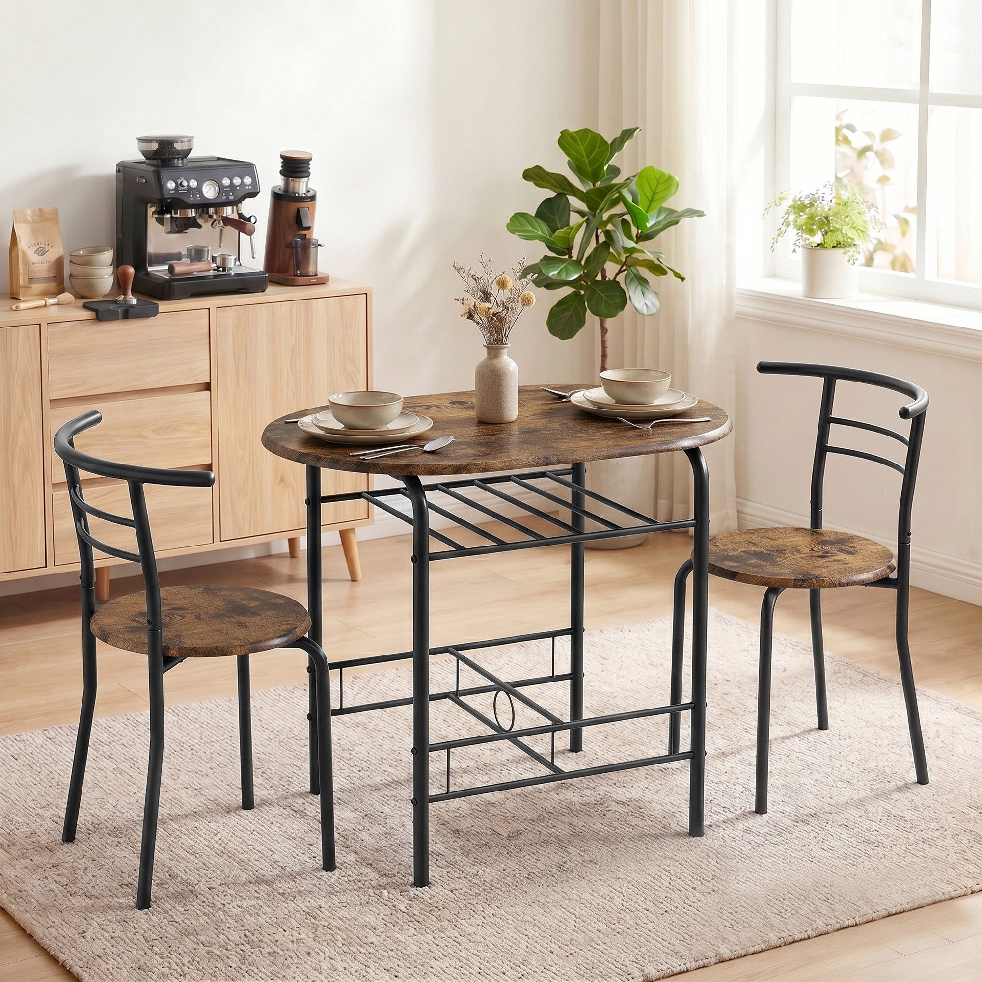 HOMCOM Essgruppe Sitzgruppe Küchentisch mit Metallgestell, Ablageregal, Holz-Optik, (Set, 3-tlg), Tisch mit Regalablage, platzsparende Stühle