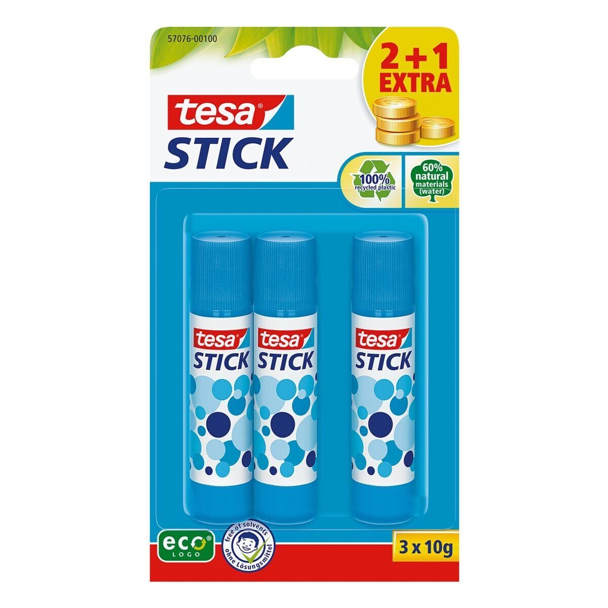 tesa Klebestift Stick ecoLogo®, (3-tlg), 3er Set, Steckkappe mit Rollstopp, 3x 10 g