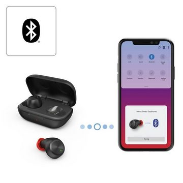 Hama Bluetooth-Kopfhörer True Wireless In-Ear Sprachsteuerung Bluetooth-Kopfhörer (Freisprechfunktion, Sprachsteuerung, True Wireless, integrierte Steuerung für Anrufe und Musik, kompatibel mit Siri, Google Now, Google Assistant, Siri, A2DP Bluetooth, AVRCP Bluetooth, HFP, ultraleicht, IPX 4 Spritzwasserschutz, für Sport und Alltag, Ladebox)