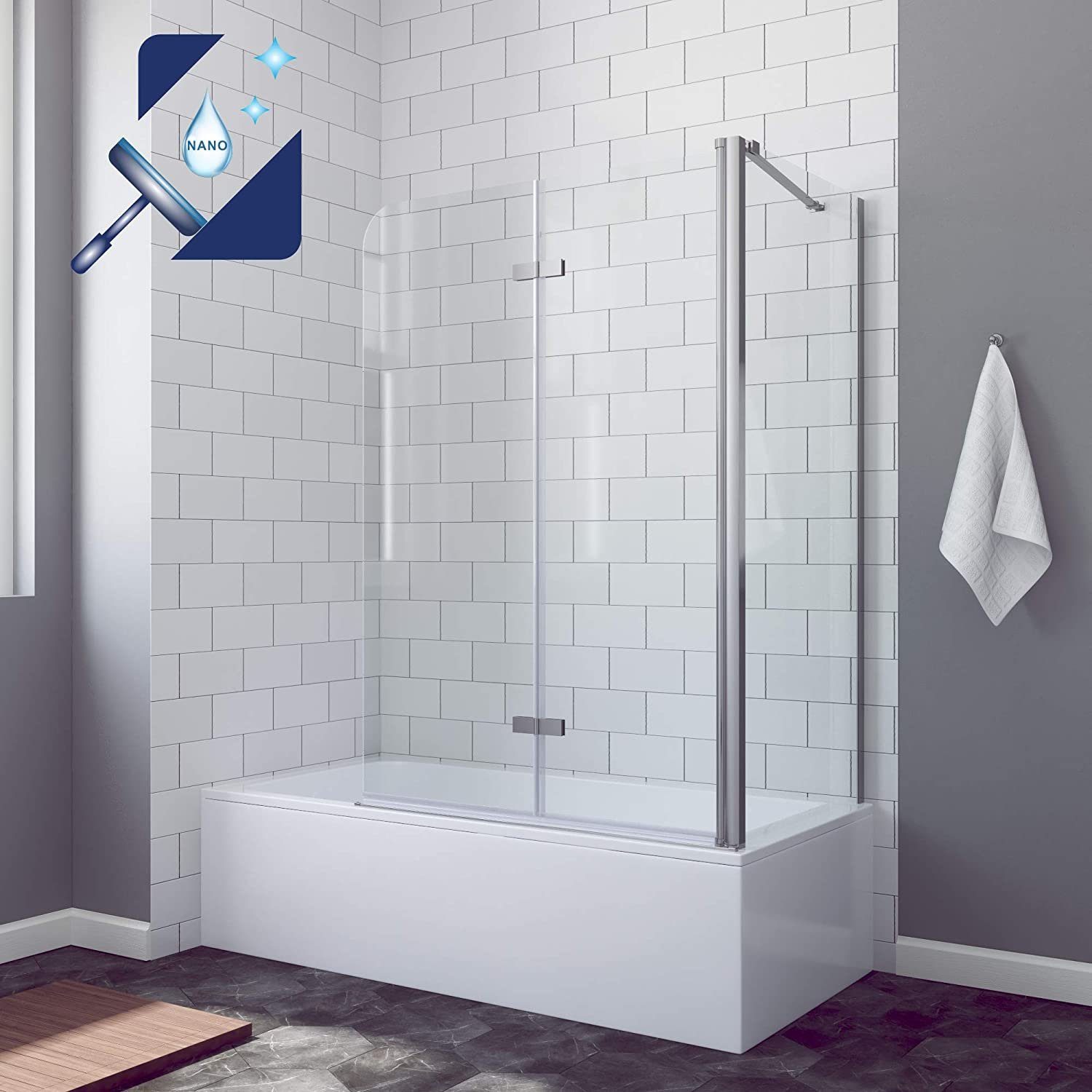 AQUABATOS Badewannenaufsatz Duschwand für Badewanne Badewannenaufsatz Duschabtrennung Faltwand, 5 mm Sicherheitsglas, Nano Beschichtung, Faltbar