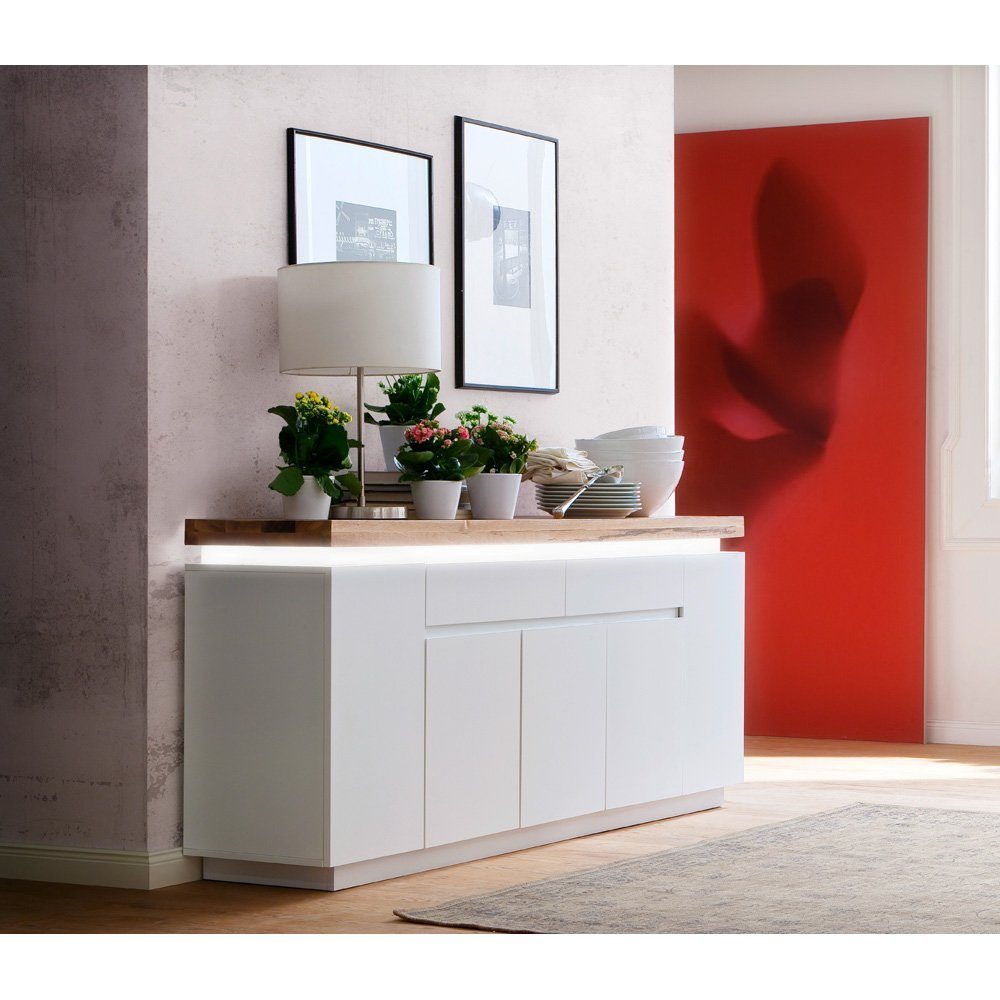 Lomadox Sideboard ROSARNO-05, Eiche massiv geölt und LED Beleuchtung  200/81/40 cm