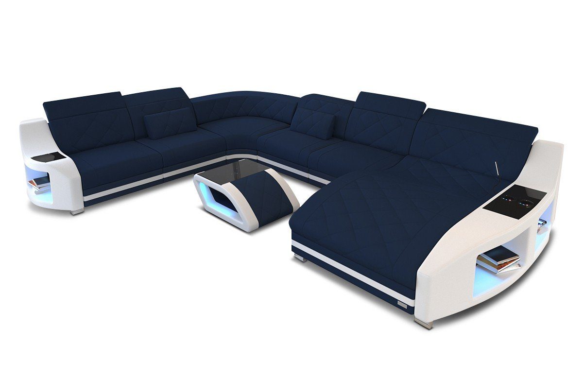 Bettfunktion Polsterstoff Swing Dreams Mikrofaser Sofa Designersofa Stoffsofa, wahlweise XXL mit dunkelblau-weiß M Couch Wohnlandschaft Sofa