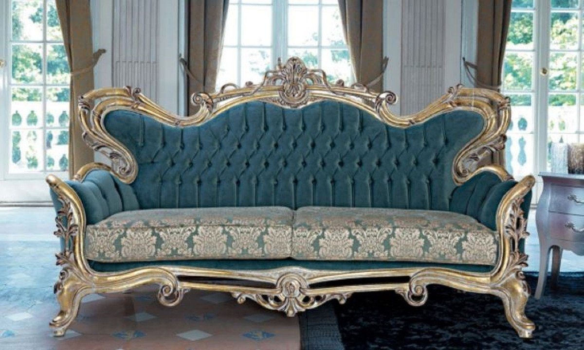 Casa Padrino Sofa Muster Sofa mit Barock Sofa Möbel Barockstil elegantem Wohnzimmer Handgefertigtes Wohnzimmer Blau Barock - Gold - Luxus 