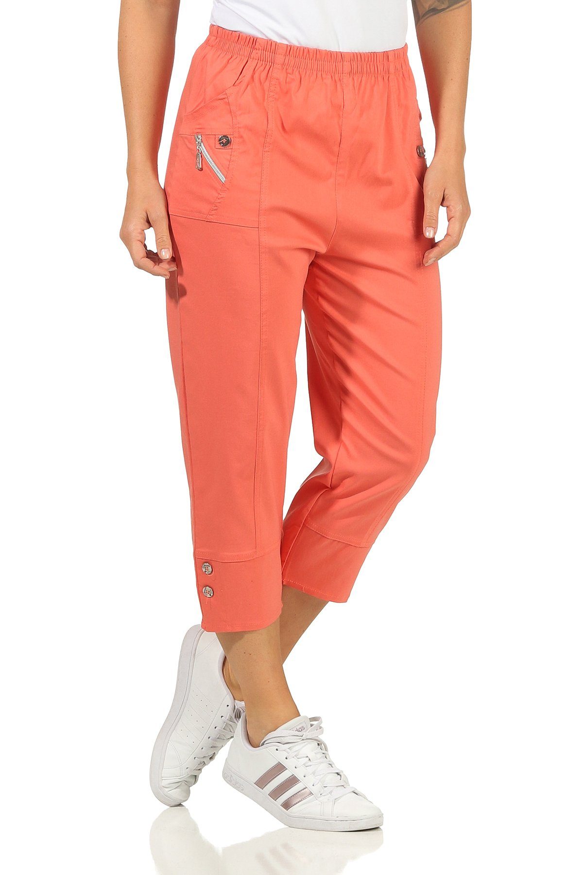 3/4-Hose auch Aurela Classic mit Damen elastischem mit und Casual, Sommerhose Kurze Basic, Stretchgewebe luftig Schwarz 3/4 Größen, in angenehme lang Schlupfhose Damenmode elastisch, leicht Bund, großen