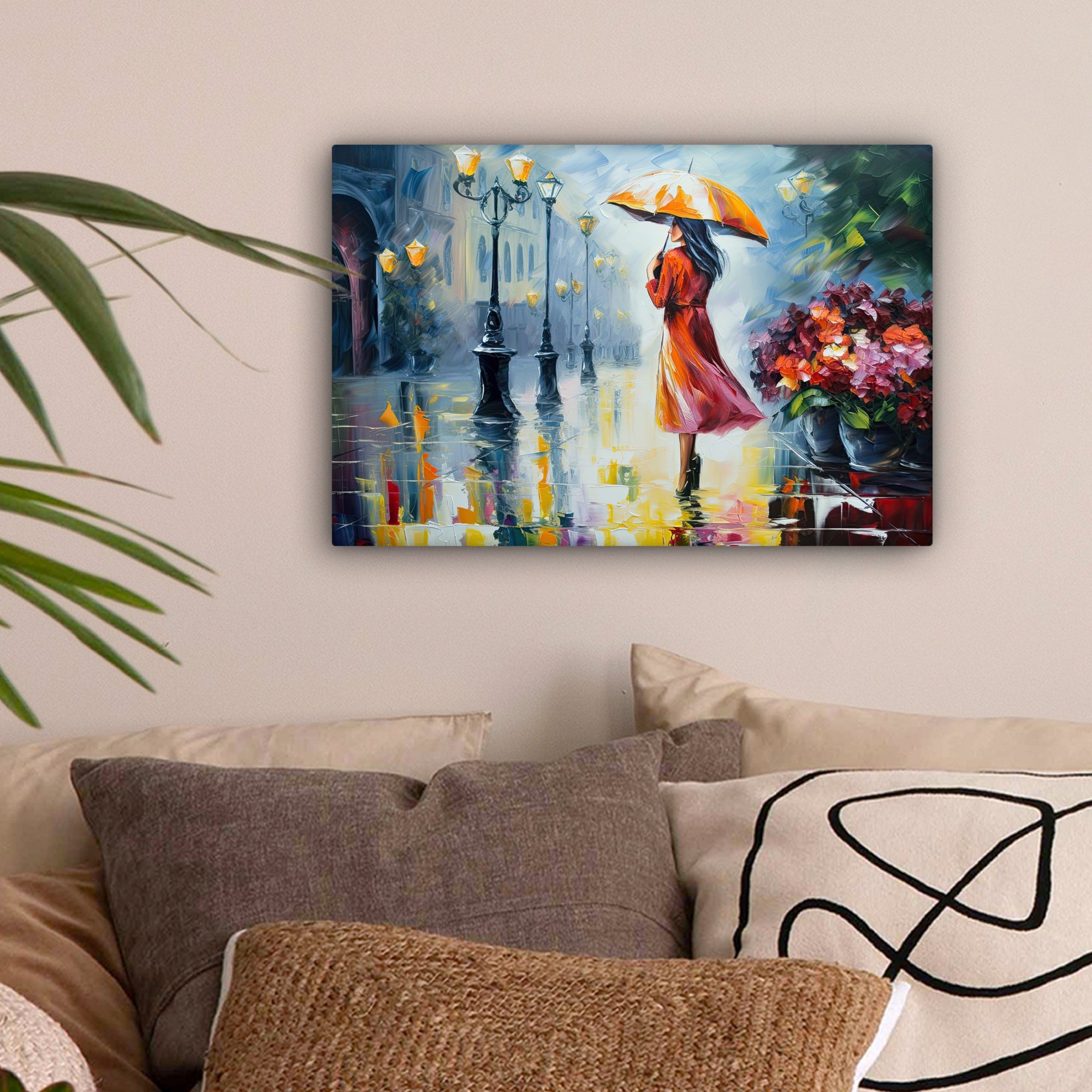 OneMillionCanvasses® Leinwandbild Ölfarbenoptik - Regenschirm - Frau - Straße - Kunst, Fotodruck (1 St), Leinwand Bilder Klein, Wand Dekoration Aesthetic 30x20 cm