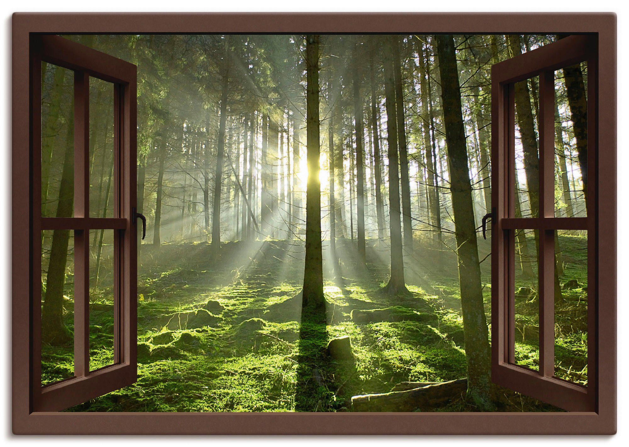 Artland Wandbild Fensterblick - Wald St), Leinwandbild, Poster Gegenlicht, in Fensterblick (1 als versch. Größen oder im Wandaufkleber