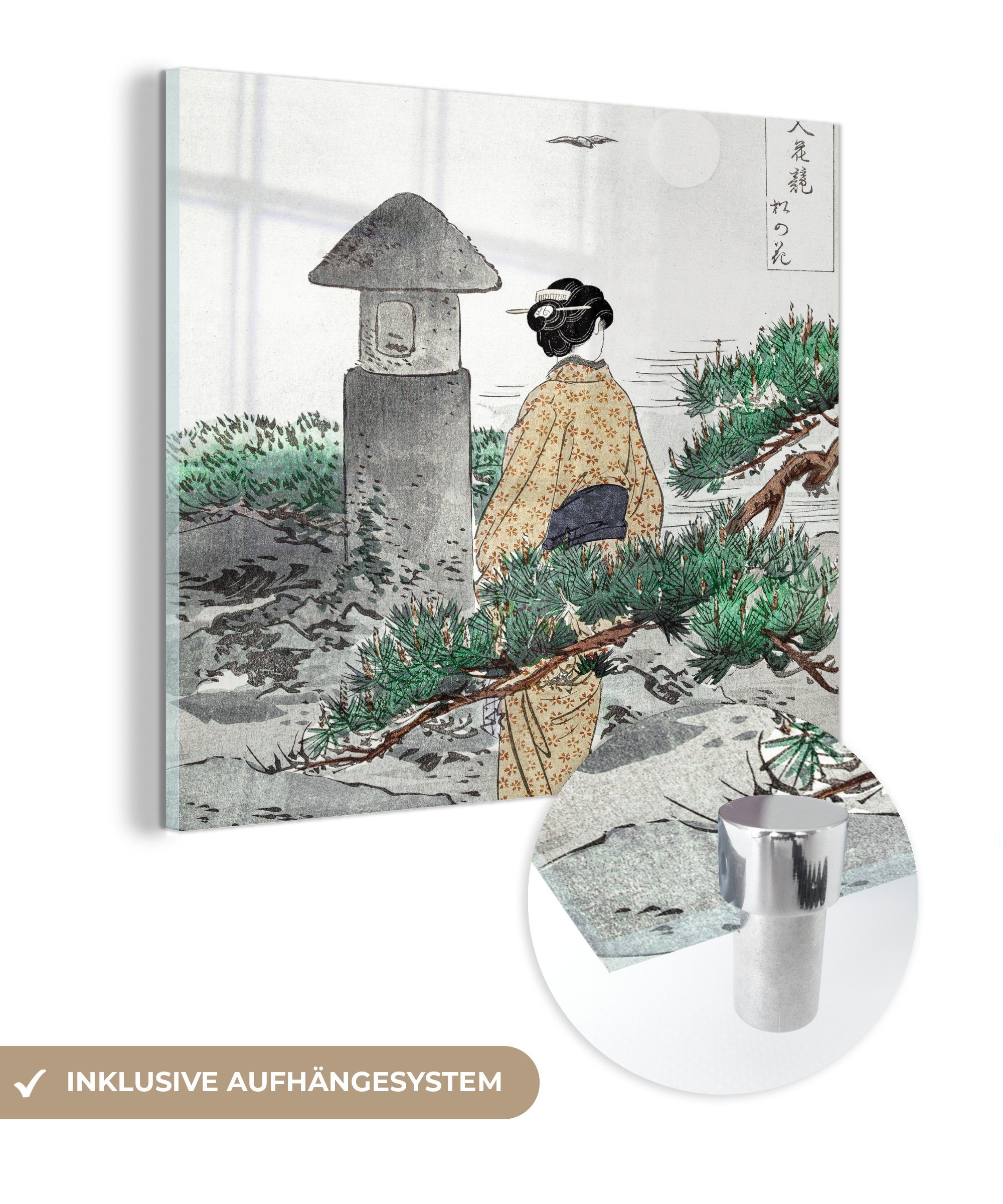 MuchoWow Acrylglasbild Wanddekoration Frau Glasbilder - St), Kimono Glas - Foto auf Baum Glas - Japanisch, auf - (1 Wandbild - Bilder 