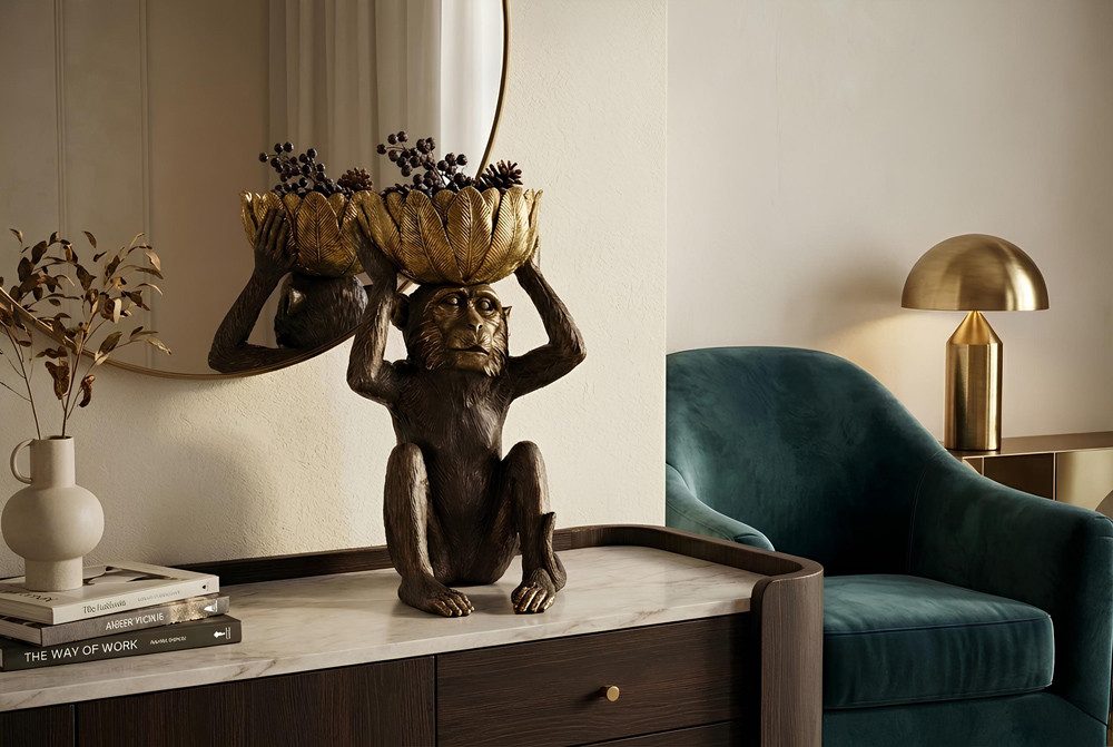 riess-ambiente Tierfigur MONKEY 50cm schwarz/gold - Affe mit Schale, exotisch, handgefertigt (Einzelartikel, 1 St), Moderne Skulptur - ideal als dekorativer Akzent auf Sideboard & Regal