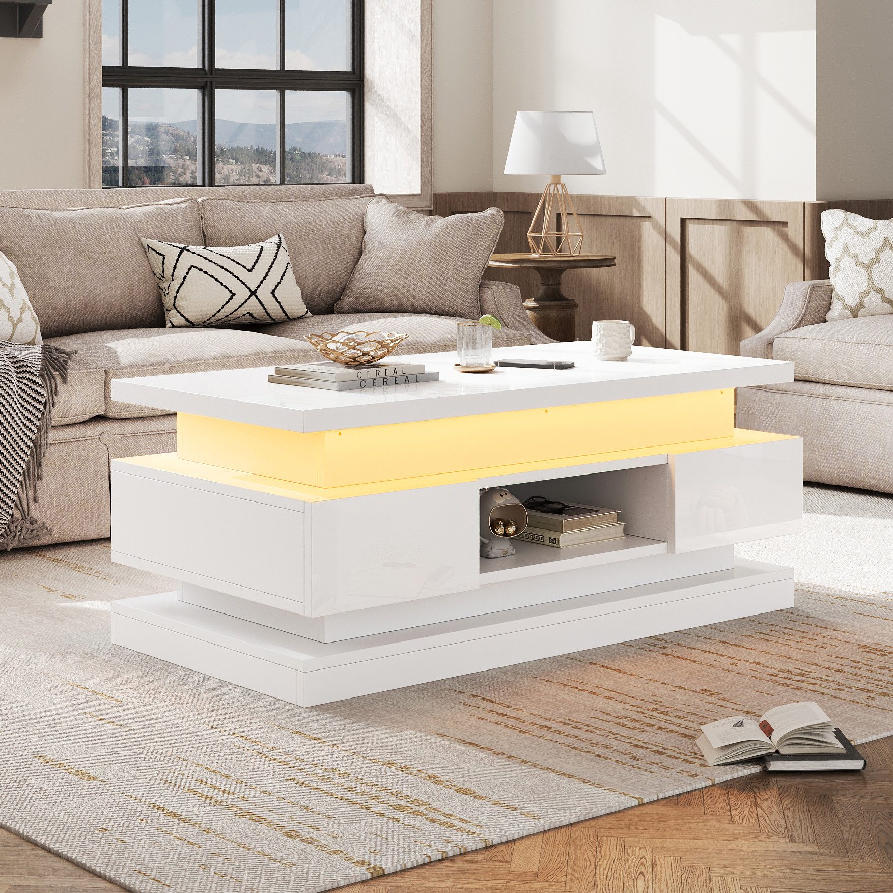 Merax Couchtisch hochglanz Sofatisch höhenverstellbar Beistelltisch mit LED & USB (1-St., 1 Tisch), Wohnzimmertisch mit Stauraum und 2 Schubladen, 100x50x40cm