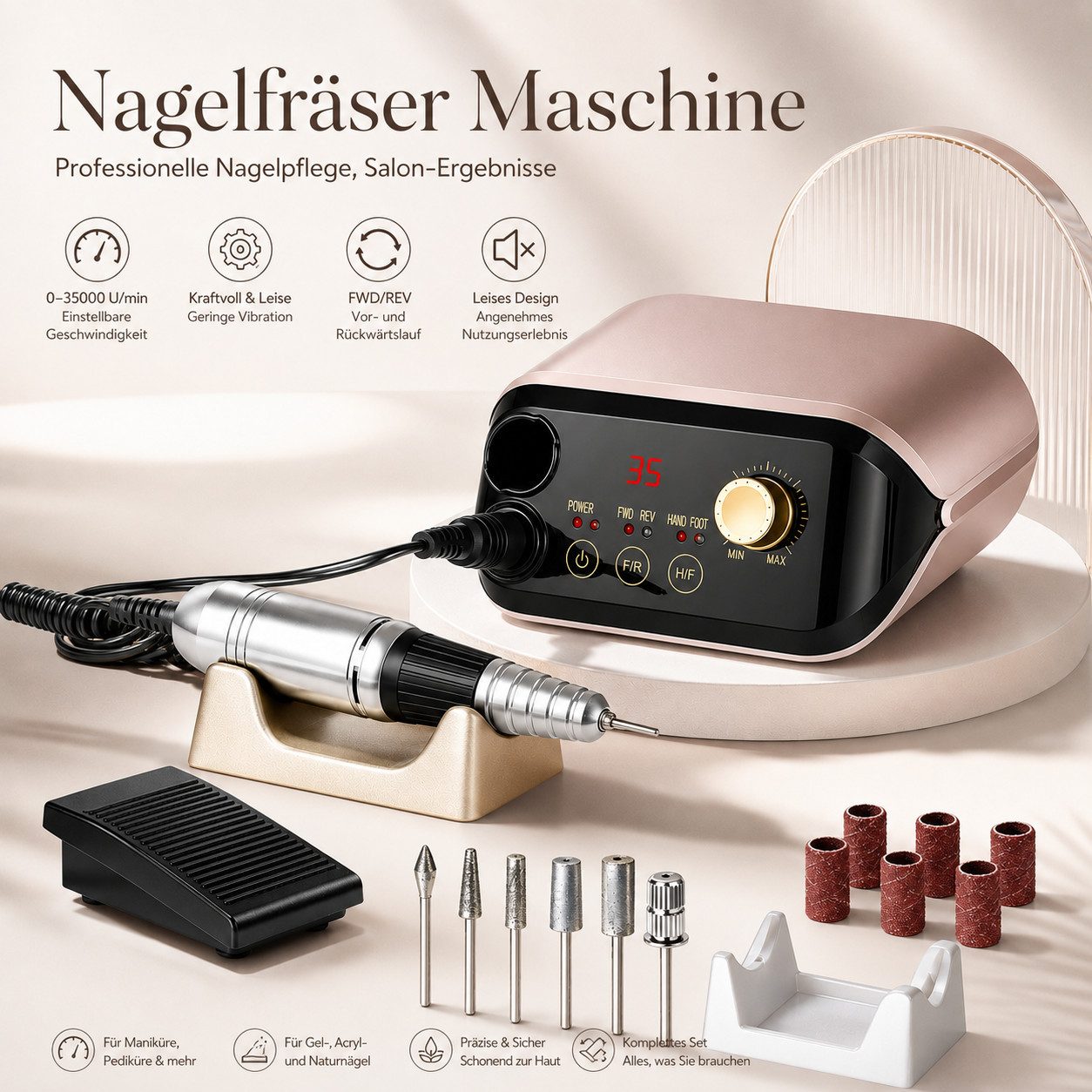 Toomoke Maniküre-Pediküre-Set Profi Nagelfräser Elektrisch 35000 U/min, Nagelfeile für Gelnägel Acryl UV Gel Maniküre Pediküre, mit Fußpedal & Fräseraufsätzen