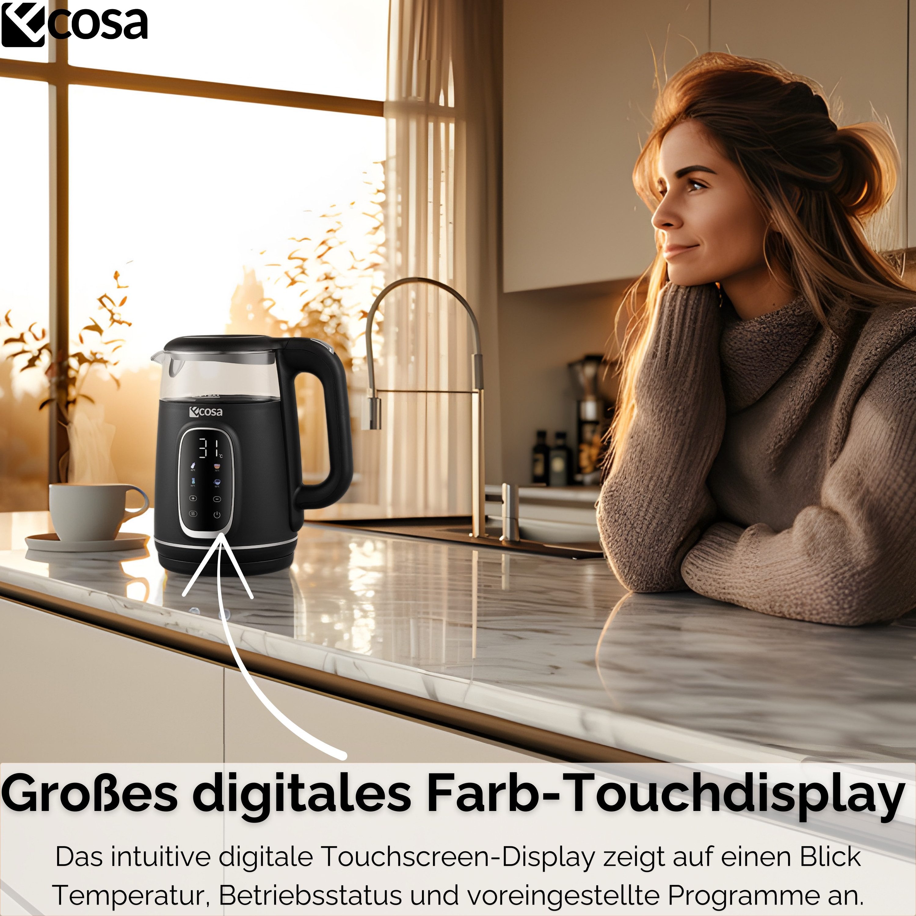 ecosa Wasserkocher EO-697, 1.7 l, 2200 W, Großes digitales Farb-Touchdisplay mit Sensortasten