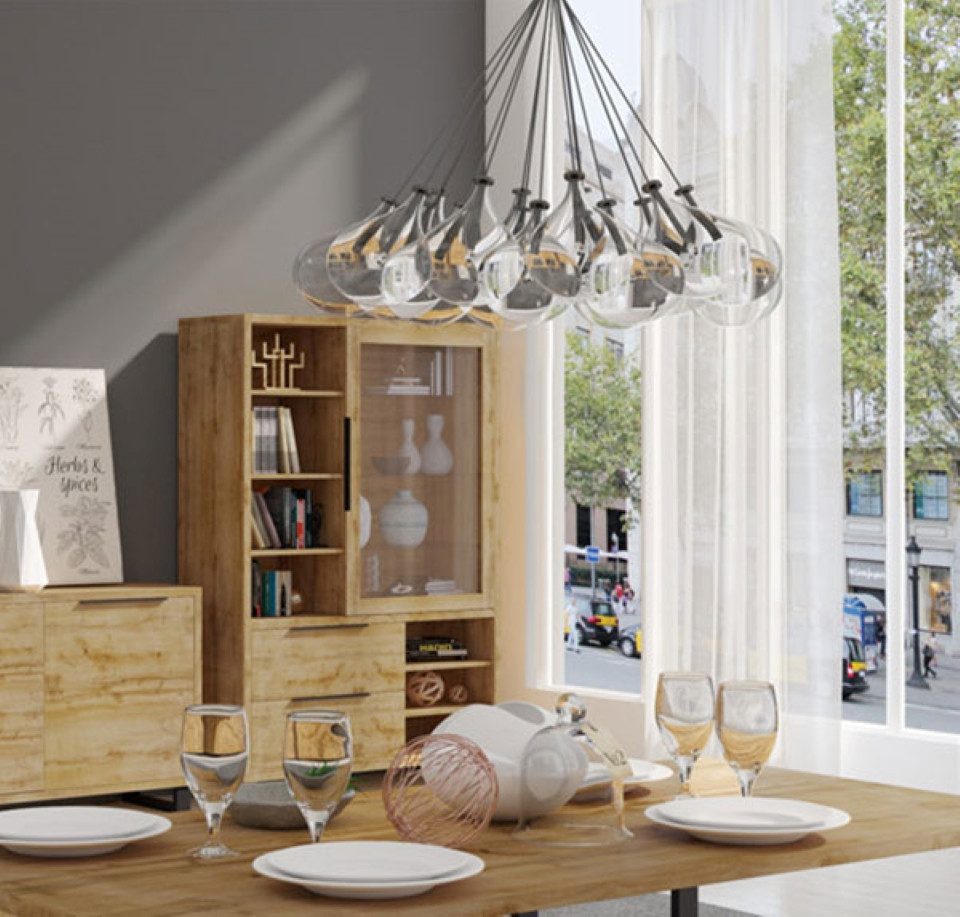 Helvetia Vitrine Halle (1 Glastür, Glasböden, 2 Schubladen, offene Fächer, 1-St., moderne Holzoptik, Metallgriffe, Metallfüße) 120x45x190cm Wotan Eiche