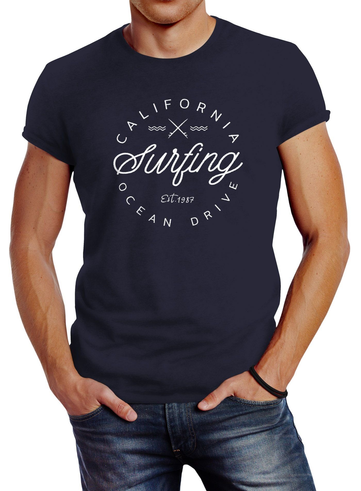 Print-Shirt Herren T-Shirt California Surfing Ocean Drive Summer Slim Fit