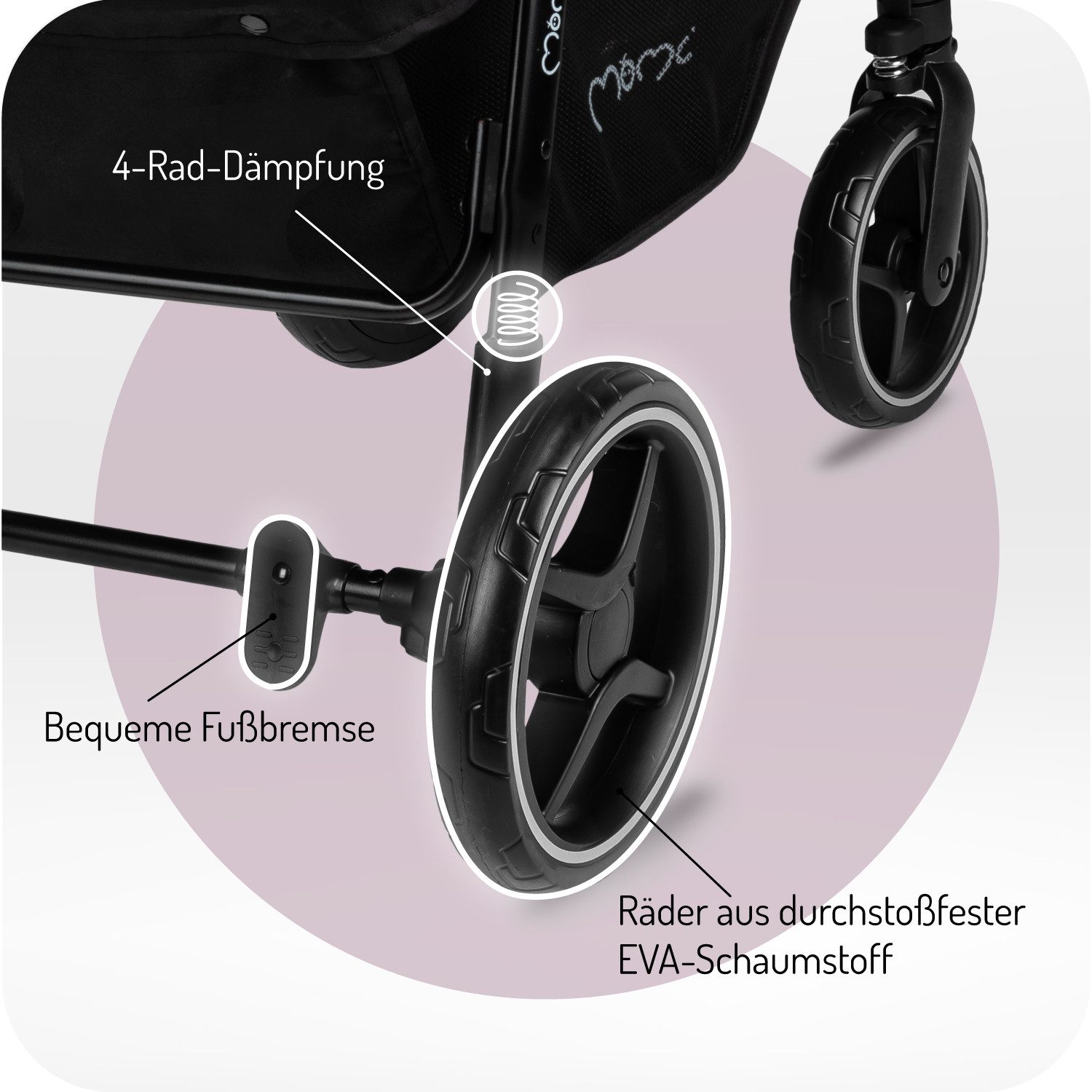 MoMi Kinder-Buggy Miya, (Kinderwagen-Set), Einhand-Faltsystem, große EVA-Räder & XXL-Verdeck