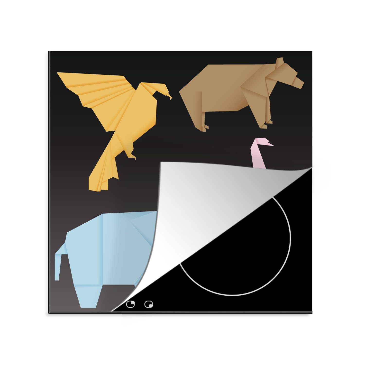 MuchoWow Herdblende-/Abdeckplatte Eine Illustration verschiedener Tiere, gefaltet im Origami-Stil, Vinyl, (1 tlg), 78x78 cm, Ceranfeldabdeckung, Arbeitsplatte für küche