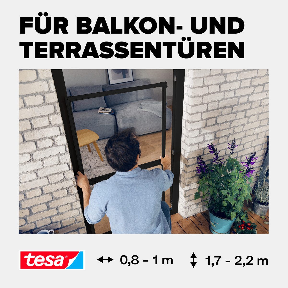 tesa Insektenschutz-Tür Insect Stop Falt Fliegengitter für Türen - max. 1 m : 2,20 m, (Packung, 1-St., Teleskop Alu Rahmen), mit verstellbarem Rahmen aus Aluminium - ohne Bohren