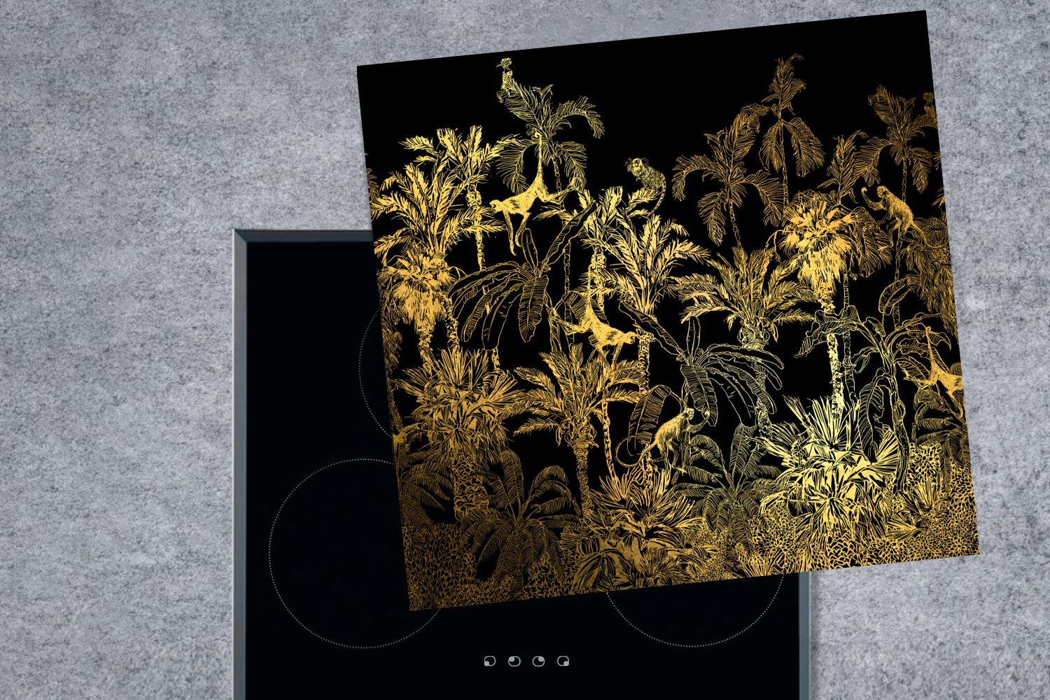 Arbeitsplatte MuchoWow Vinyl, (1 cm, für - tlg), 78x78 Schwarz, Herdblende-/Abdeckplatte Dschungel Gold - küche Ceranfeldabdeckung,