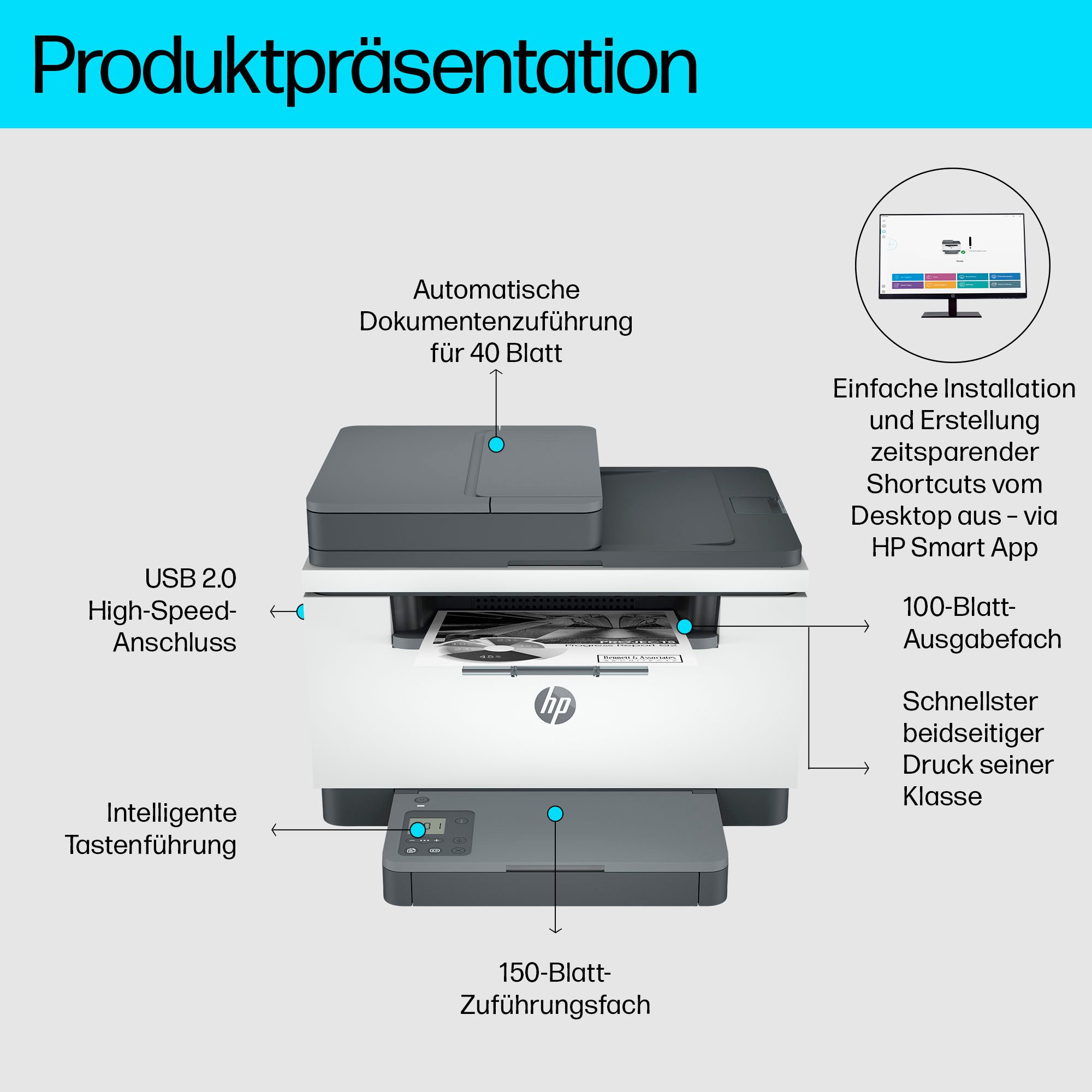 HP LaserJet MFP M234sdn Schwarz-Weiß Laserdrucker, (LAN (Ethernet), Multifunktions-Laserdrucker) – Bild 2 von 5