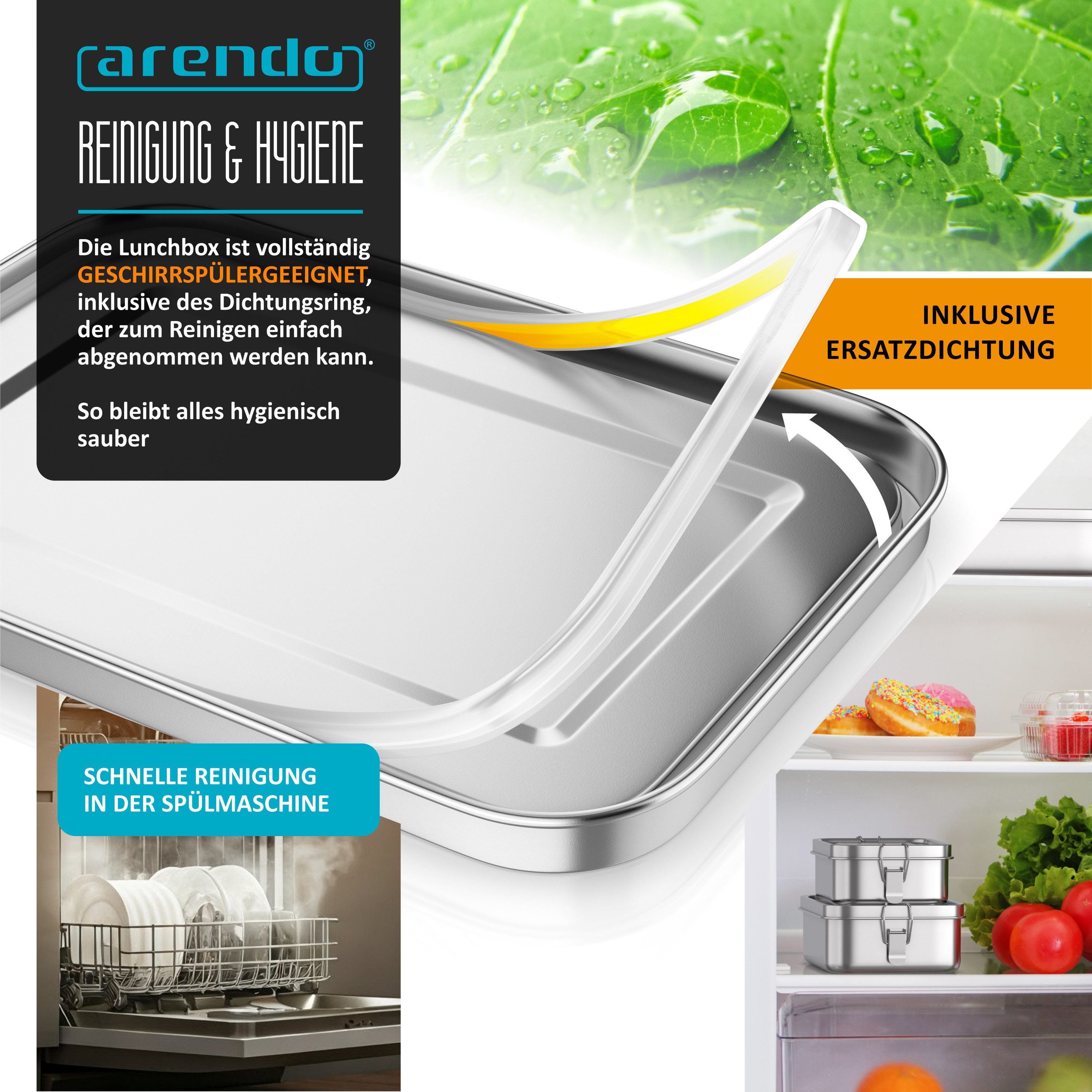 Arendo Lunchbox Edelstahl Brotdose 1200 ml mit Fächern, für Kinder und Erwachsene, Edelstahl, (1-tlg., 2 Trennstege, 2 Silikondichtungen), auslaufsicher, entneh – Bild 5 von 5