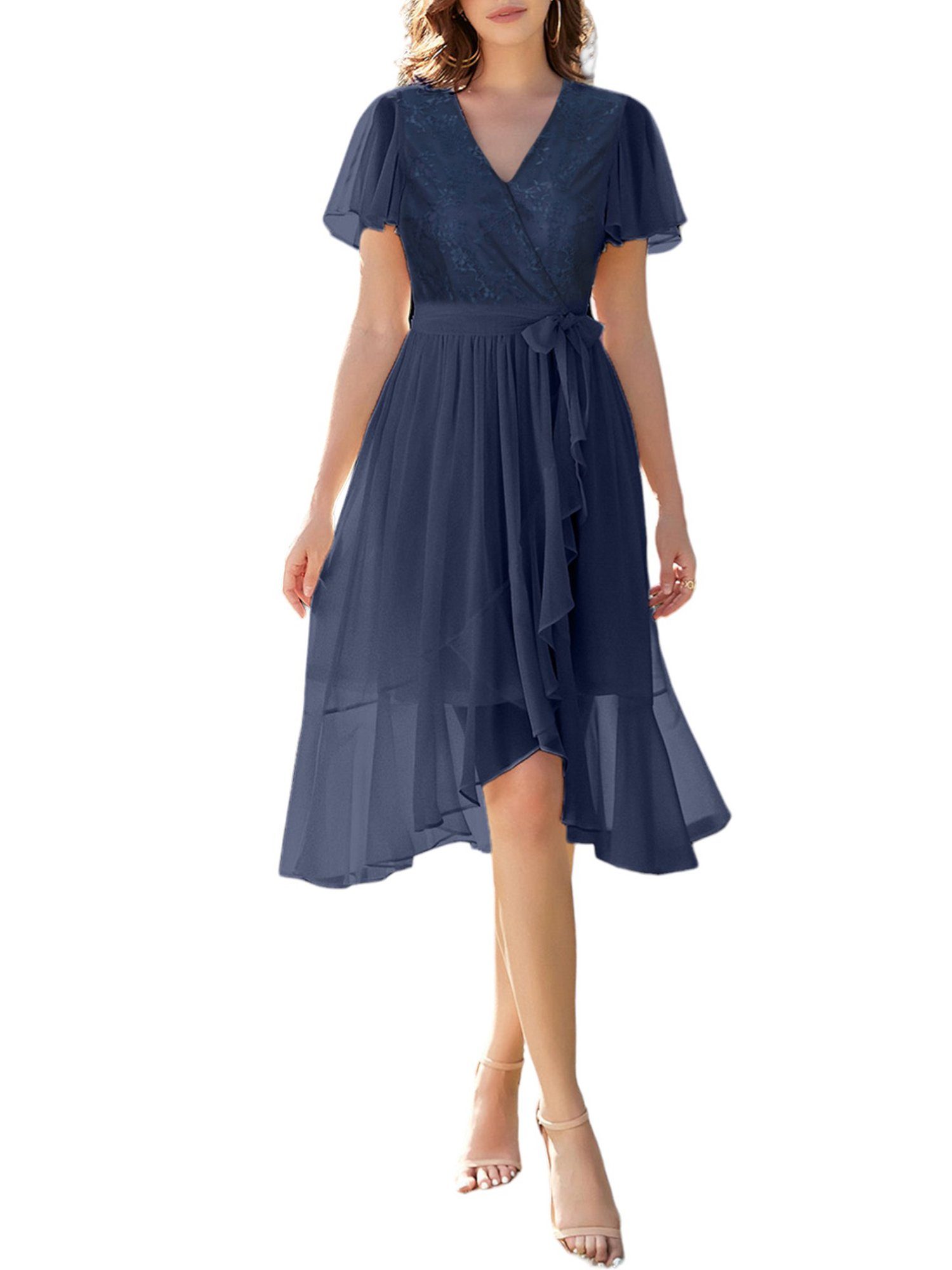 PYL Chiffonkleid Damen Elegant Spitzen A-Linien-Kleid mit Gürtel 36-44 Größe