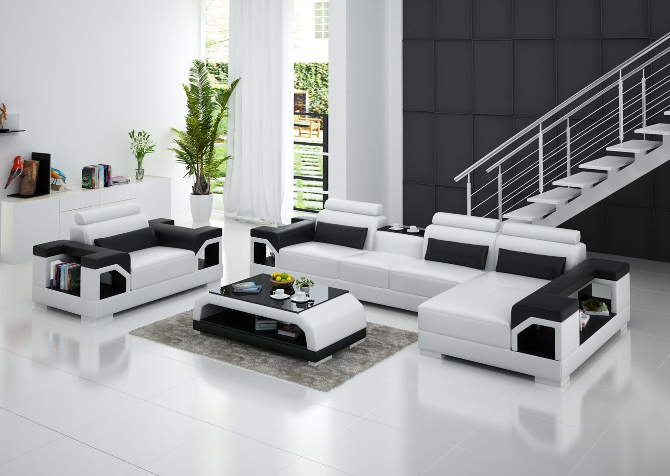 L Wohnzimmer-Set, Form Weiß/Schwarz Garnitur Sofa JVmoebel Sessel Wohnlandschaft Set Modern Ecksofa