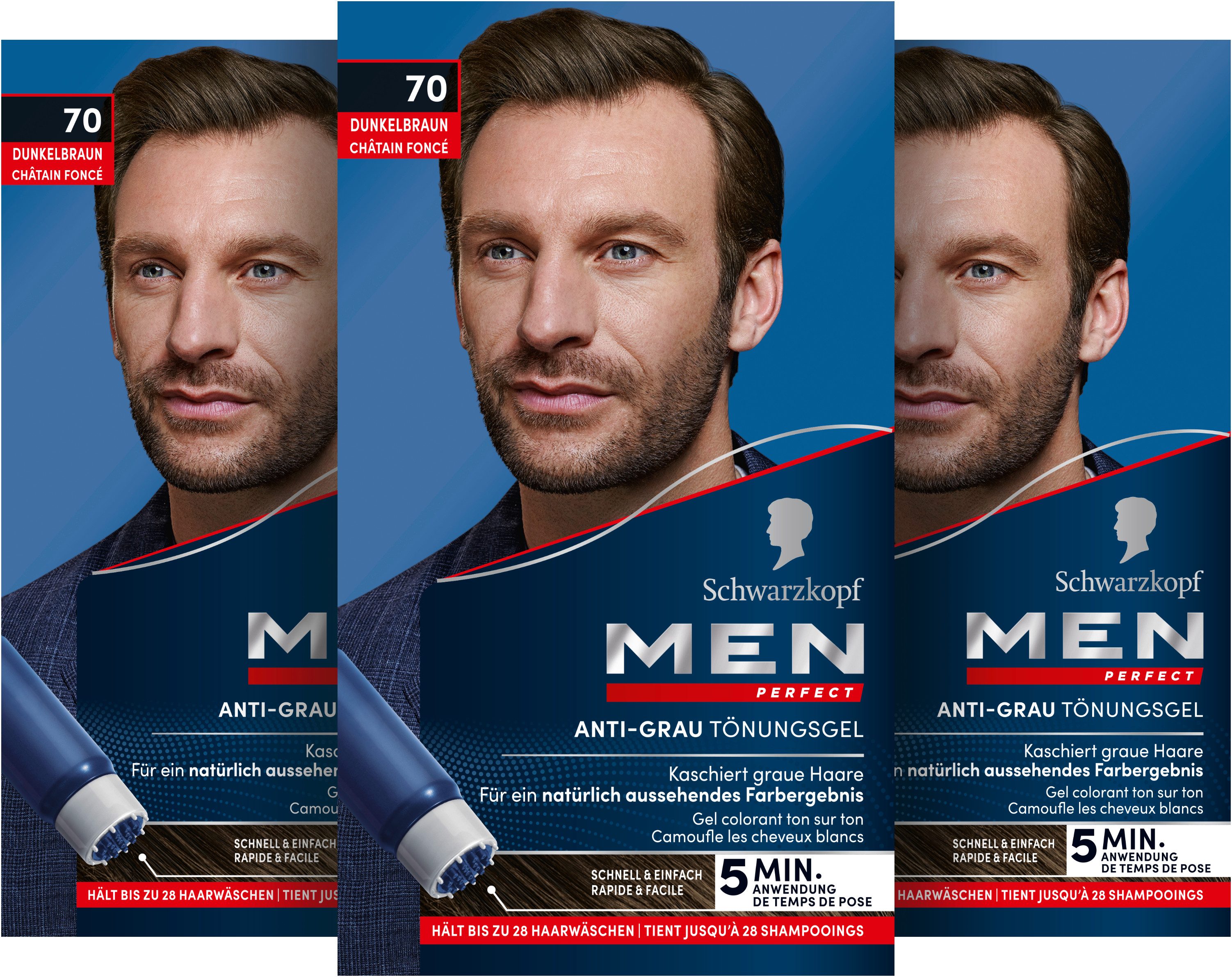 Schwarzkopf Haartönung Men Perfect 70 Dunkelbraun - hält bis zu 28 Haarwäschen, Vorratspack, 3-tlg., 3x 80 ml, Anti-Grau Tönung für ein natürlich aussehendes Ergebnis