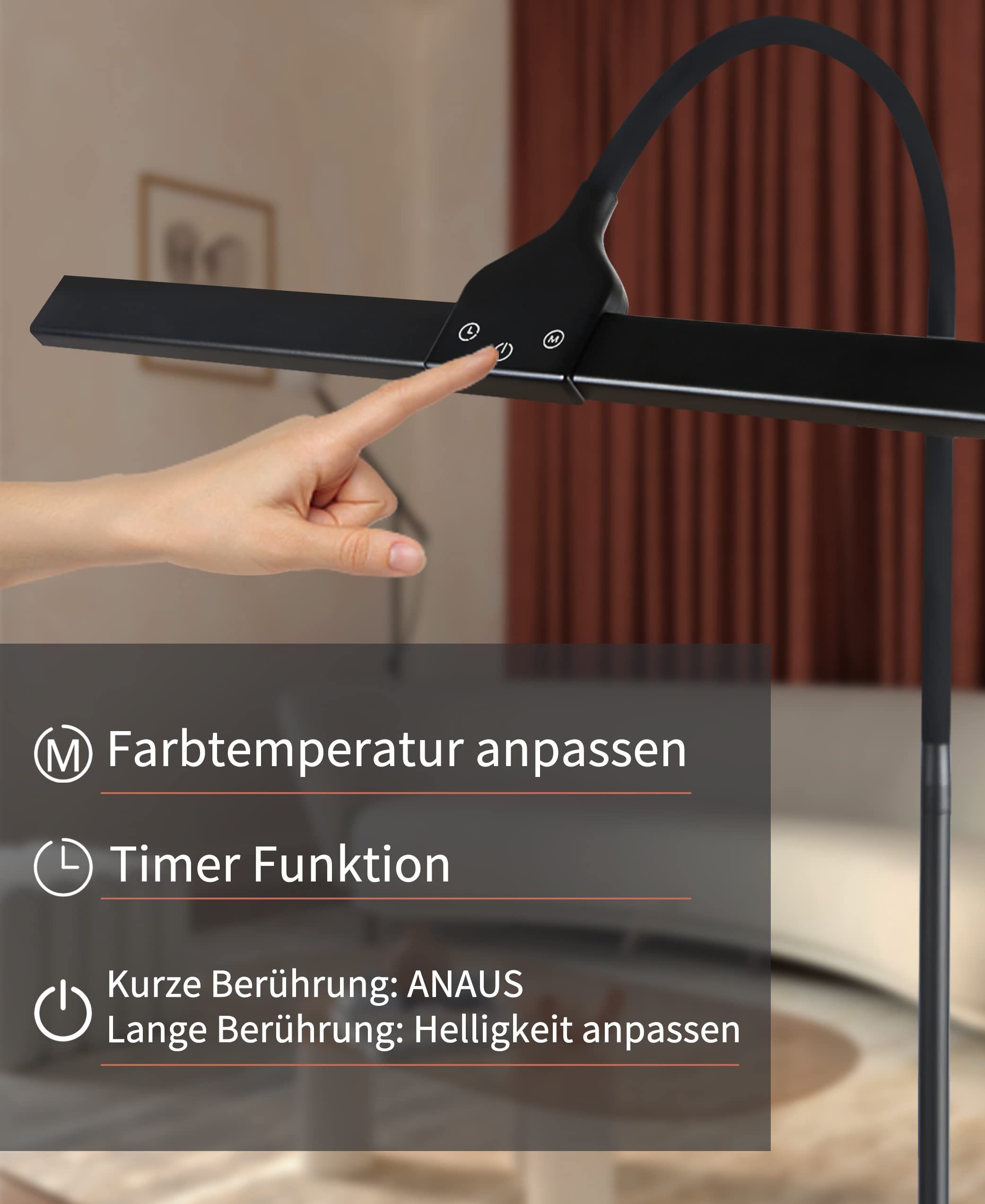 ZMH LED Stehlampe Leselampe fest Deko Timer dimmbar, mit Touch LED Beleuchtung Modern integriert, schwarz Büro