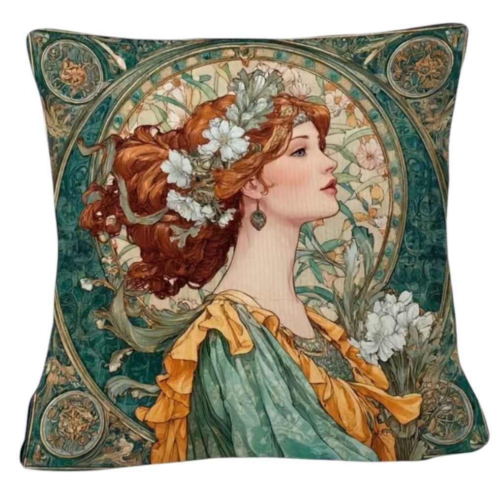 Dark-Desires Dekokissen Vintage Kissen Jugendstil Rothaarige Frau Grün Füllkissen 45x45 cm