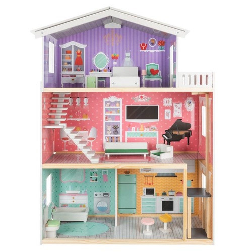 KRUZZEL Puppenhaus Großes Puppenhaus Holzvilla, (Spar-Set, Aufzug + Möbel), Dreistöckige Holzvilla mit 4 Zimmern, Balkon und 114 cm Höhe