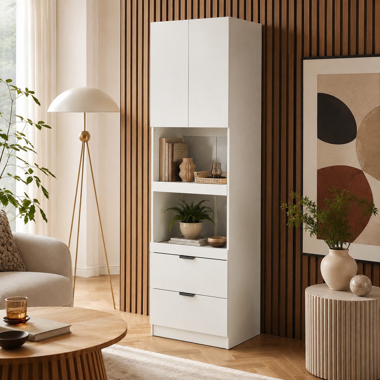 BlingBin Hochschrank Hohe Küchenschränke,Lagerschränke,Multifunktionsschränke 60x45x200cm (1er Set, 1-St., 2 Türen, 2 Schubladen, Ausziehbare Mikrowellenregale, – Bild 3 von 5