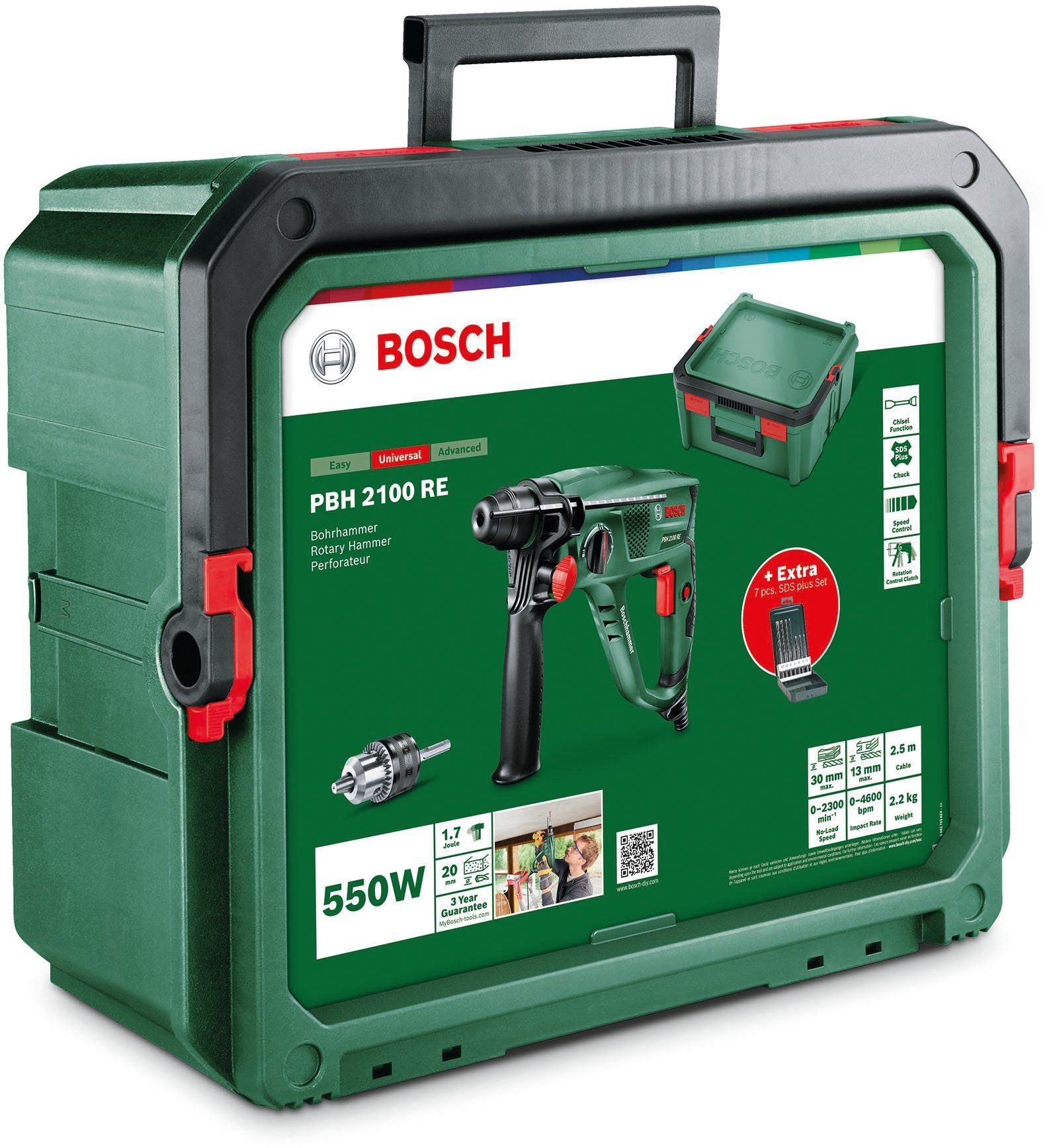 SRE, Home max. Bohrhammer Koffer & Bosch U/min, (Set, PBH2100 2300 Garden inkl. 3-tlg),