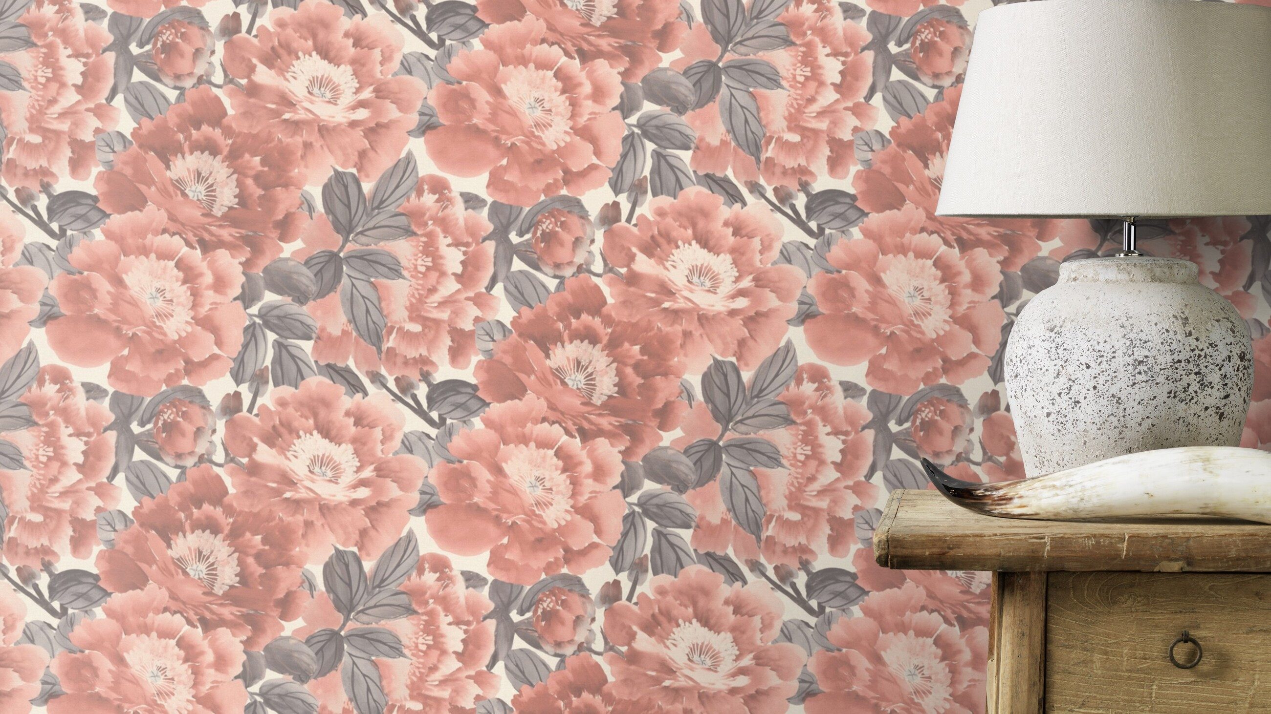 Rasch Vliestapete mit großen Blumen in Rosa und Grün, strukturiert, floral, botanische, Blumen, geblümt, (1 Rolle, 1 St), Floral
