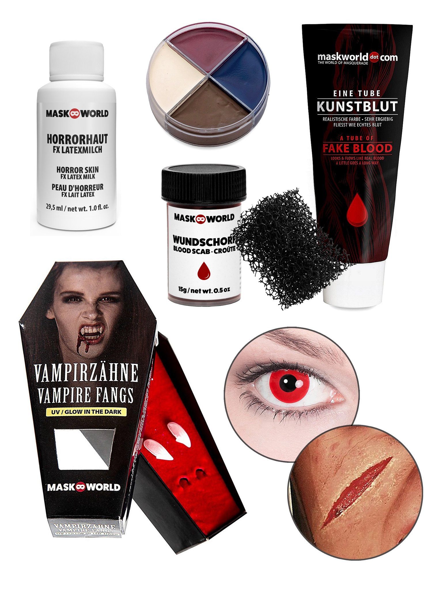 Maskworld Motivlinsen Halloween Make-up Set Komplett, Alles was Du zu Halloween brauchst - ein einem Schminkset!