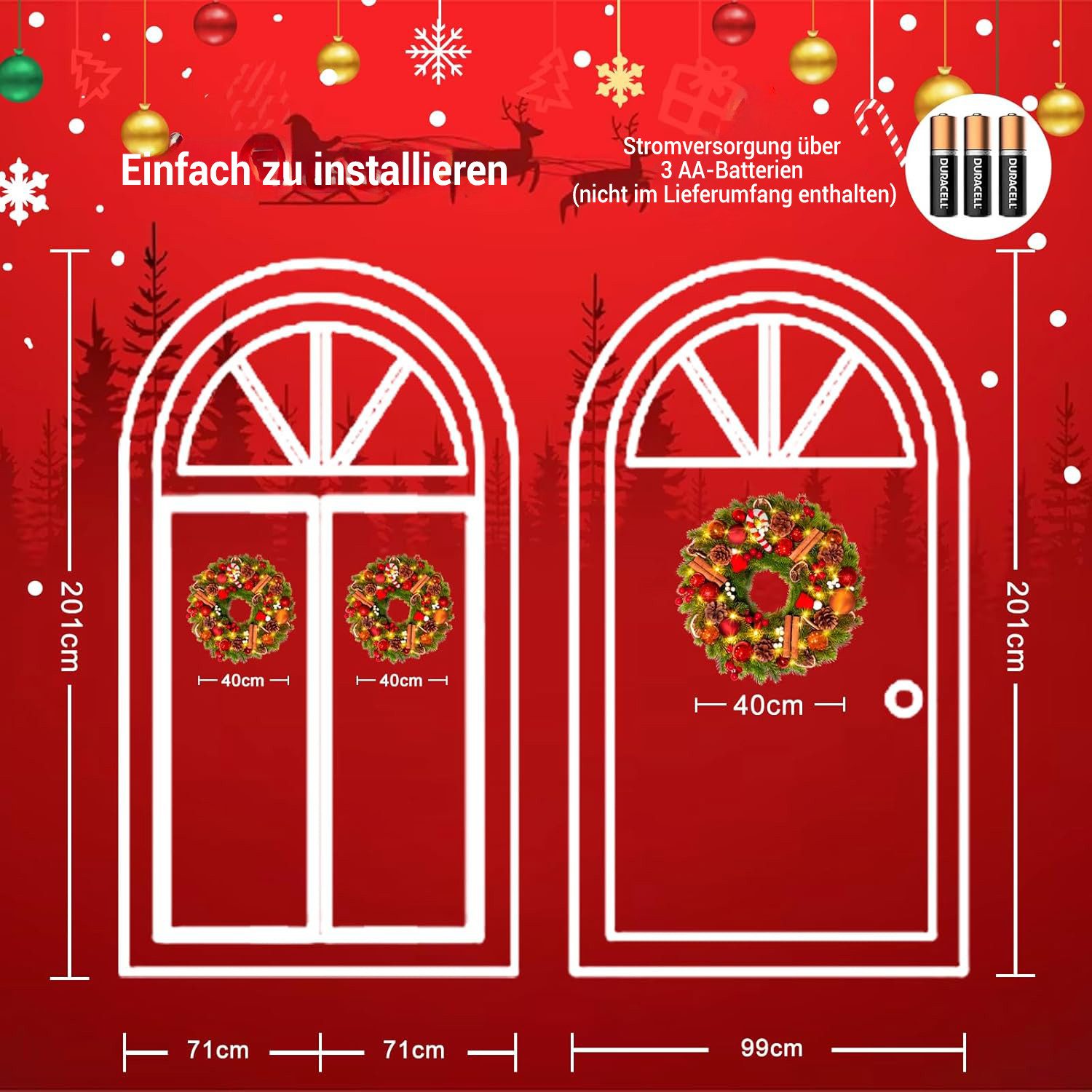 Kunstkranz Türkranz girlande weihnachten mit LEDs, weihnachtsdeko 40/60cm, Quntis, mit Zuckerstange, Zitronenscheiben und Weihnachtskugeln – Bild 5 von 5