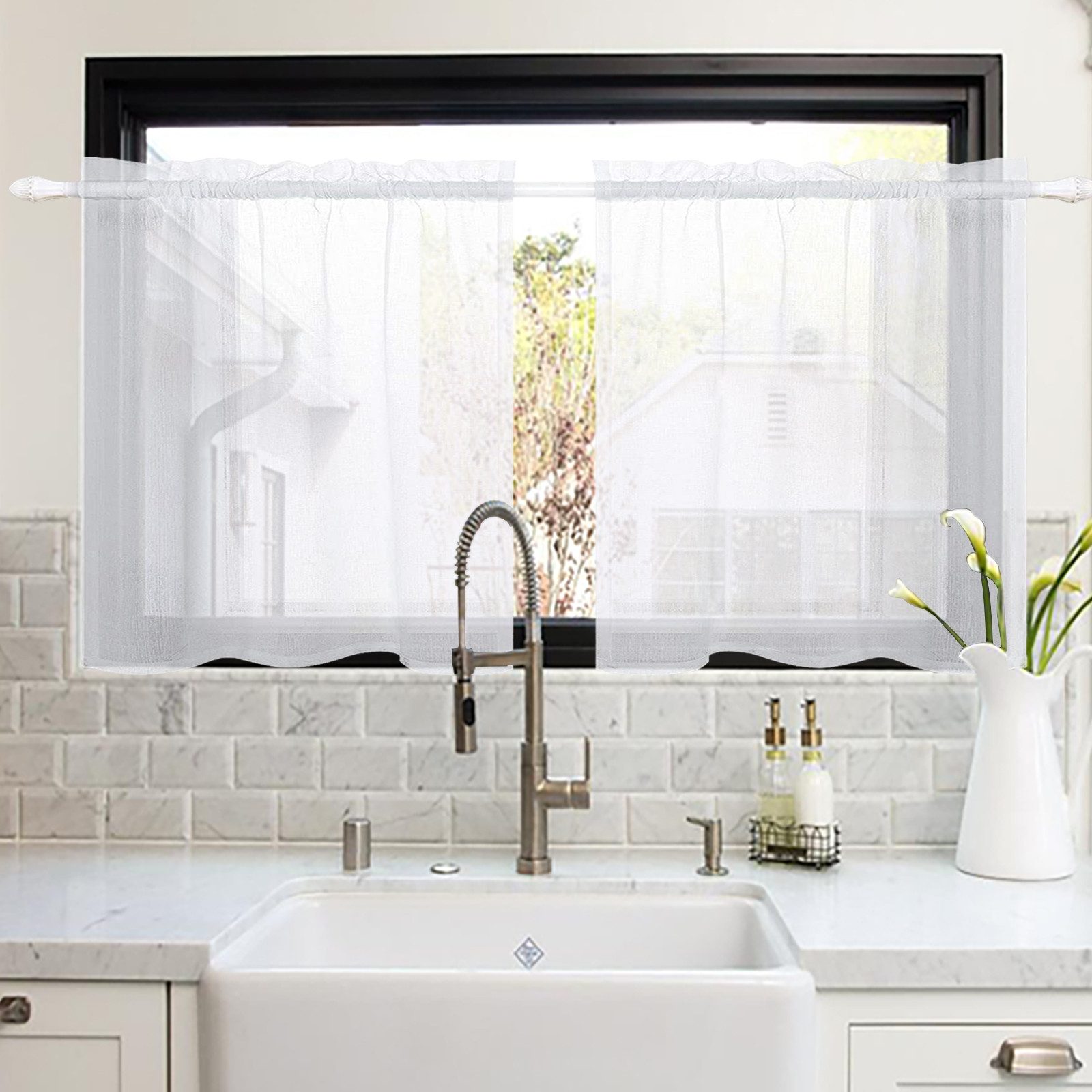 Scheibengardine Vorhänge Kurz Wasserdicht Voile Transparent Küche Fenstergardinen, Qelus, (2 St), Für Bistrogardine Wohnzimmer Landhaus
