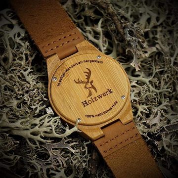 Holzwerk Quarzuhr MY BEE Damen & Herren Holz Uhr mit Leder Armband & Biene Muster, braun