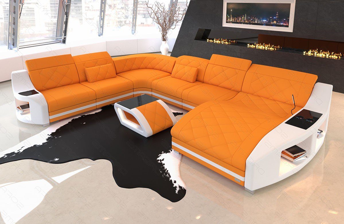 Sofa Dreams Wohnlandschaft Designersofa Polsterstoff Sofa Swing XXL M Mikrofaser Stoffsofa, Couch wahlweise mit Bettfunktion apricot-weiß | Wohnlandschaften