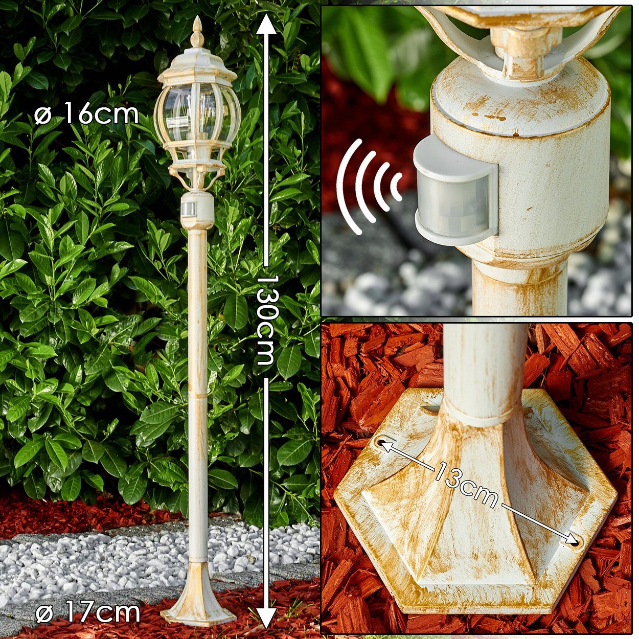 hofstein Außen-Stehlampe »Meyen« Außenleuchte, Aluguss in Weiß/Gold mit Kunststoff-Scheiben, ohne Leuchtmittel, Gartenlampe, E27, IP44 m. Bewegungsmelder